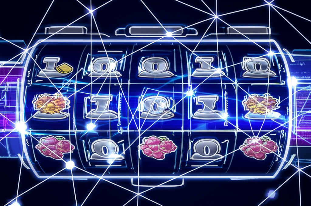 ภาพแสดงแนวคิด AI Neural Network ในเกมสล็อต พร้อมการปรับเกมแบบเรียลไทม์และวิเคราะห์พฤติกรรมผู้เล่น