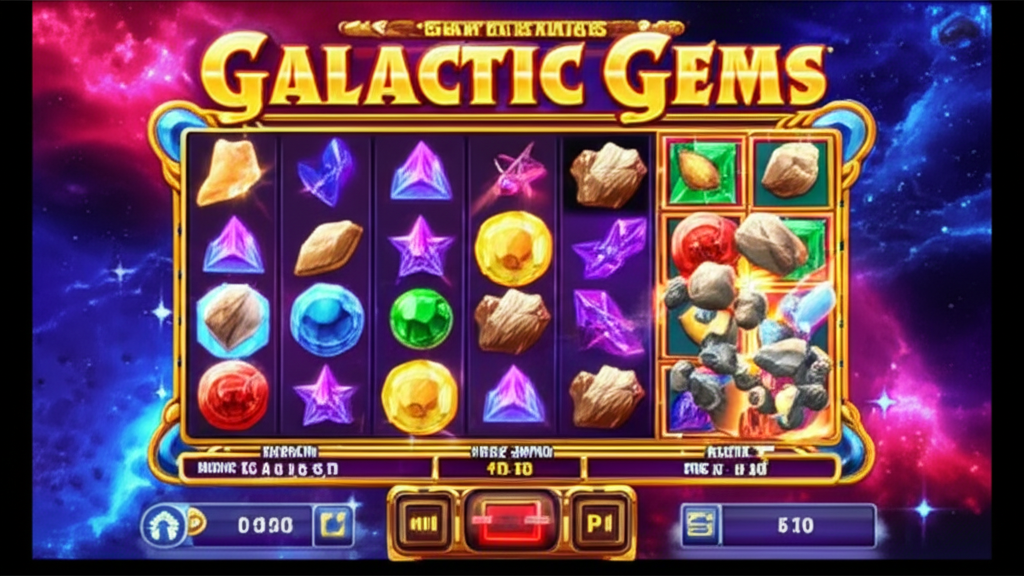 ภาพตัวอย่างเกมสล็อต Galactic Gems ธีมกาแล็กซี่ พร้อมฟีเจอร์ทำลายอุกกาบาตและโบนัสที่ปรับด้วย AI