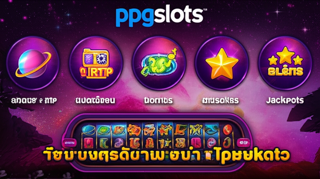 อินโฟกราฟิกแสดงฟีเจอร์เด่นของสล็อตธีมกาแล็กซี่บน ppgslots พร้อมสัญลักษณ์โบนัสและแจ็คพอต
