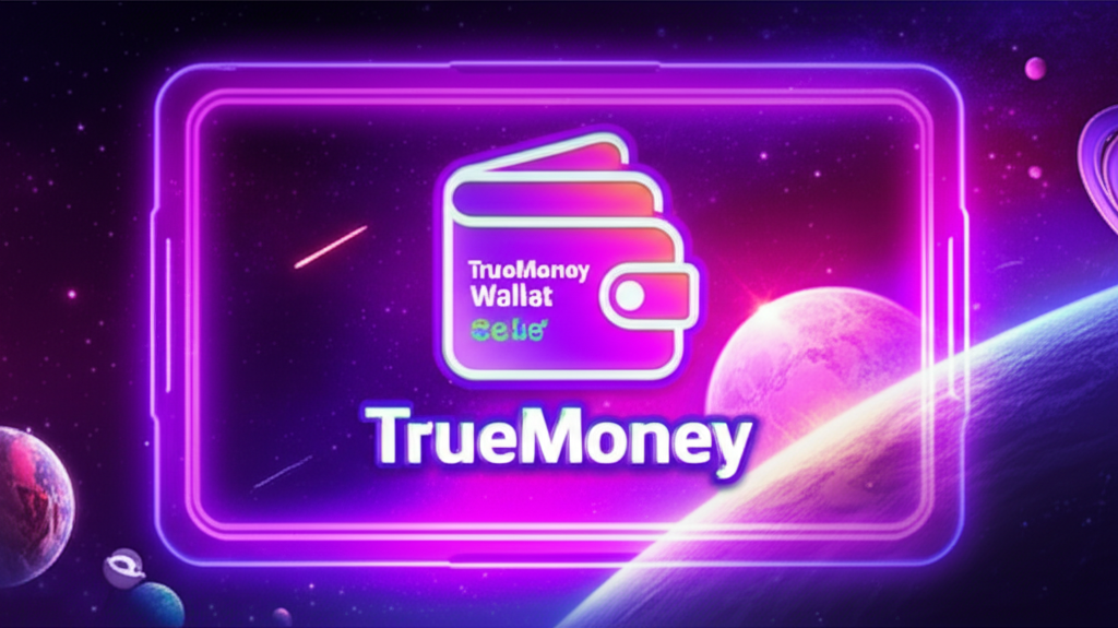 ภาพเกมสล็อตธีมกาแล็กซี่พร้อมไอคอน TrueMoney Wallet แสดงความรวดเร็วและปลอดภัยของระบบฝาก-ถอนออโต้