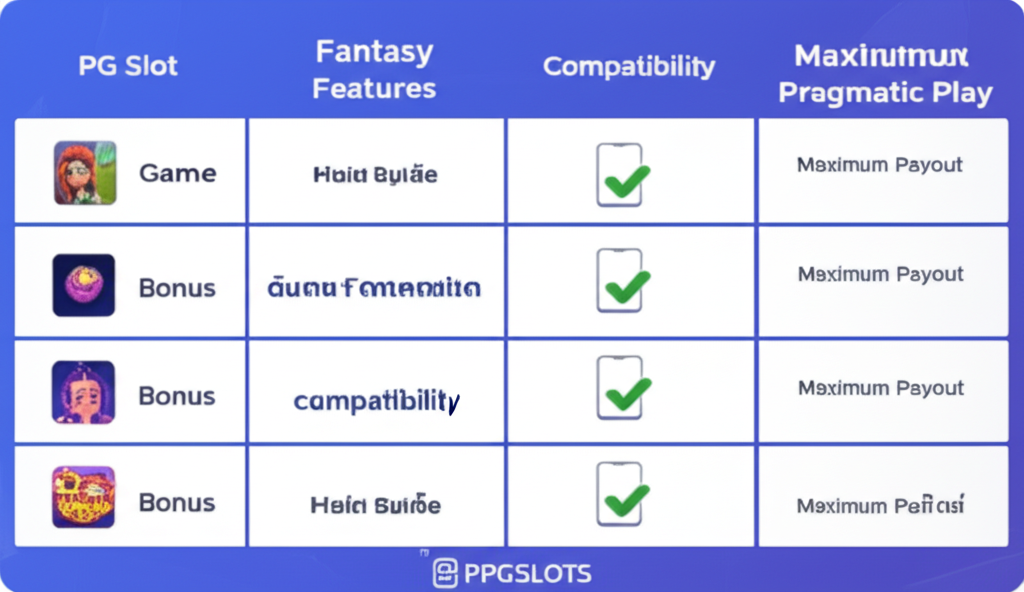 ตารางเปรียบเทียบจุดเด่นและจุดด้อยของ PG Slot และ Pragmatic Play อย่างชัดเจน พร้อมไอคอนและสีสันทันสมัย