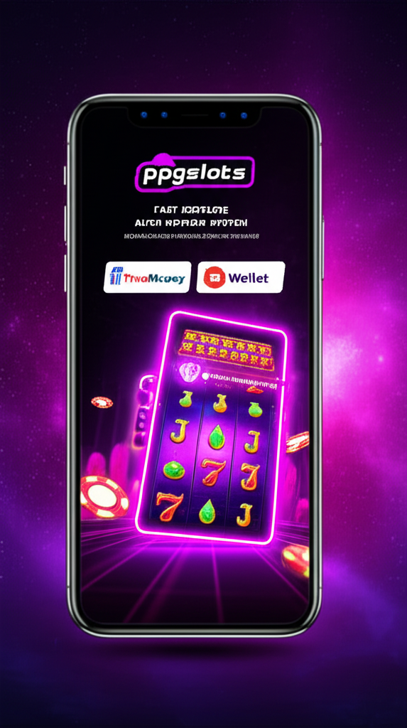 ภาพประกอบระบบฝาก-ถอนออโต้ของ ppgslots พร้อมไอคอน TrueMoney Wallet และเกมสล็อตธีมกาแล็กซี่ แสดงถึงความรวดเร็วและปลอดภัย