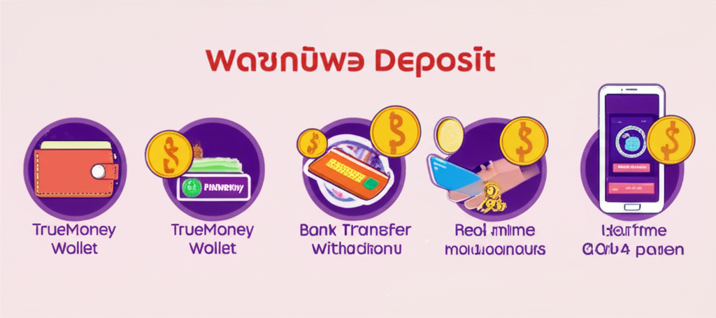 อินโฟกราฟิกแสดงขั้นตอนการใช้งานระบบฝาก-ถอนออโต้ของ ppgslots ผ่าน TrueMoney Wallet และบัญชีธนาคาร พร้อมการอัปเดตยอดเงินแบบเรียลไทม์