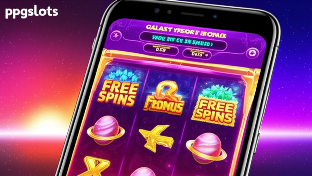 หน้าจอมือถือแสดงเกมสล็อตธีมกาแล็กซี่ของ ppgslots พร้อมฟีเจอร์ฟรีสปินและโบนัส