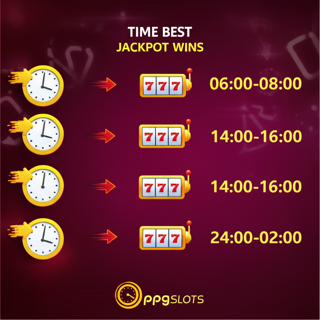 ตารางช่วงเวลาที่สล็อตแจ็คพอตแตกง่ายบน ppgslots พร้อมไอคอนนาฬิกาและสัญลักษณ์สล็อต