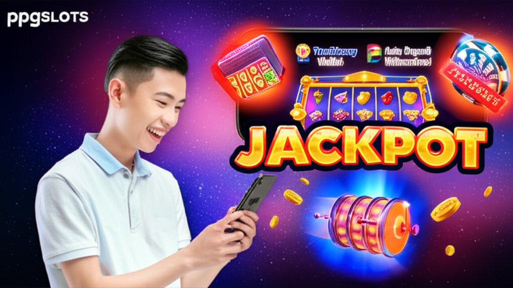 คู่มือเล่นสล็อตแจ็คพอตสำหรับมือใหม่กับ ppgslots แสดงภาพผู้เล่นชาวไทยกำลังเล่นสล็อตแจ็คพอตบนมือถือ พร้อมสัญลักษณ์ระบบฝากถอนออโต้และ TrueMoney Wallet