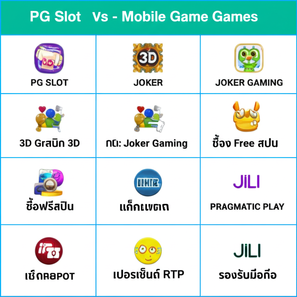 ตารางเปรียบเทียบฟีเจอร์เด่นของเกมสล็อตมือถือจากค่าย PG, Joker, Pragmatic Play และ JILI บน ppgslots