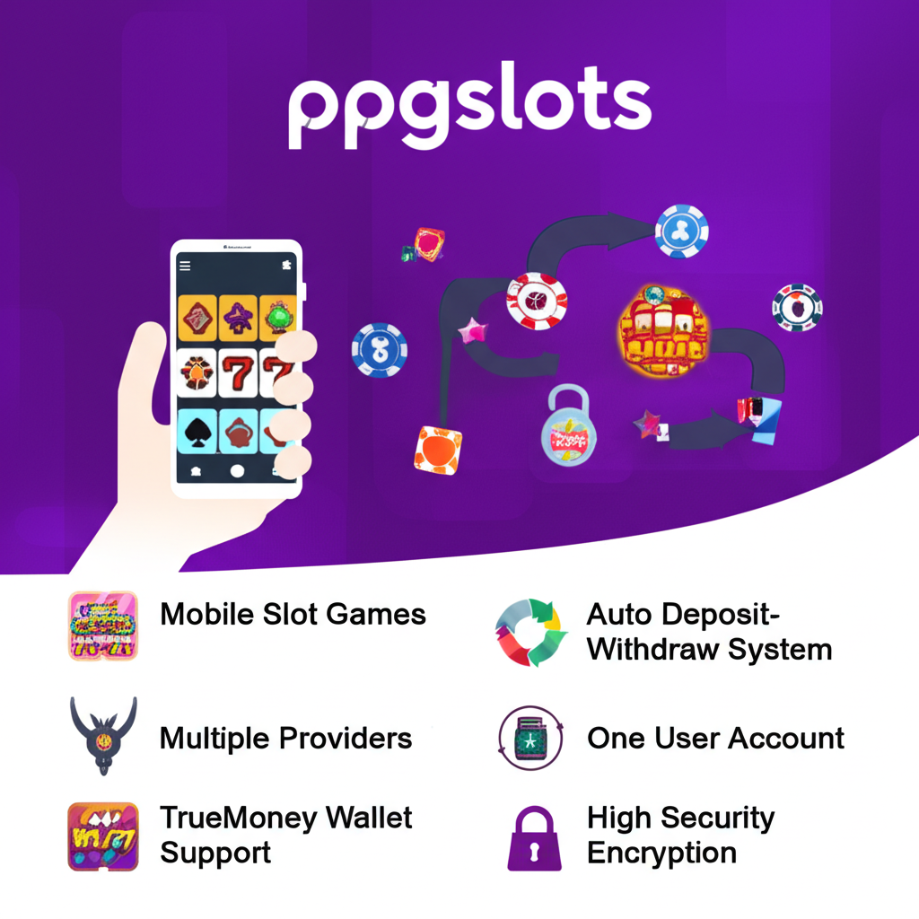 อินโฟกราฟิกแสดงจุดเด่นของแพลตฟอร์ม ppgslots เช่น เกมสล็อตมือถือครบทุกค่าย ระบบฝากถอนออโต้ และรองรับ TrueMoney Wallet