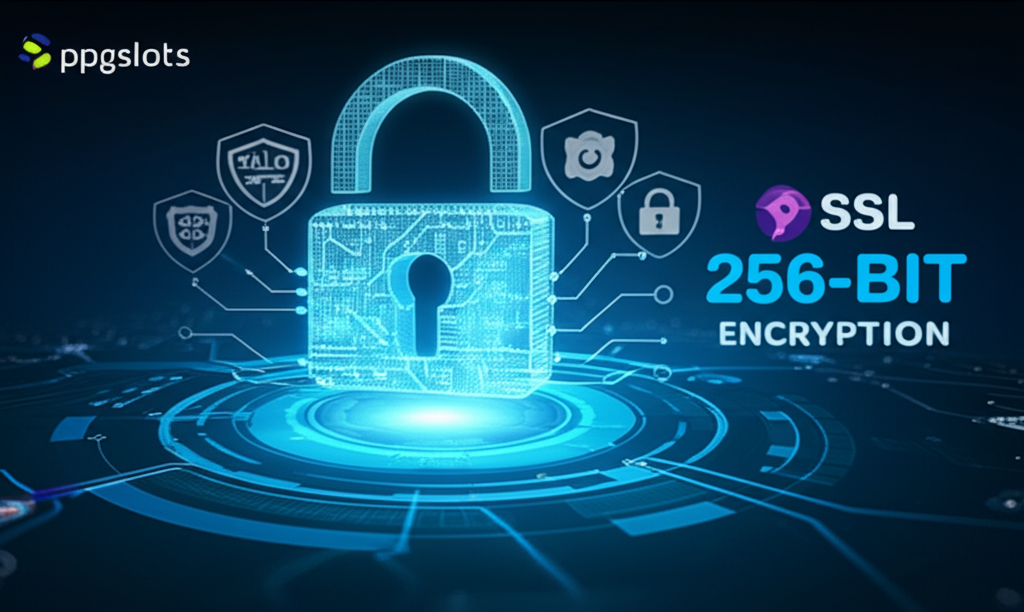 ภาพแนวความปลอดภัยระบบเข้ารหัสข้อมูล SSL 256-bit ของ ppgslots แสดงสัญลักษณ์ล็อคดิจิทัลและโล่ป้องกันข้อมูล