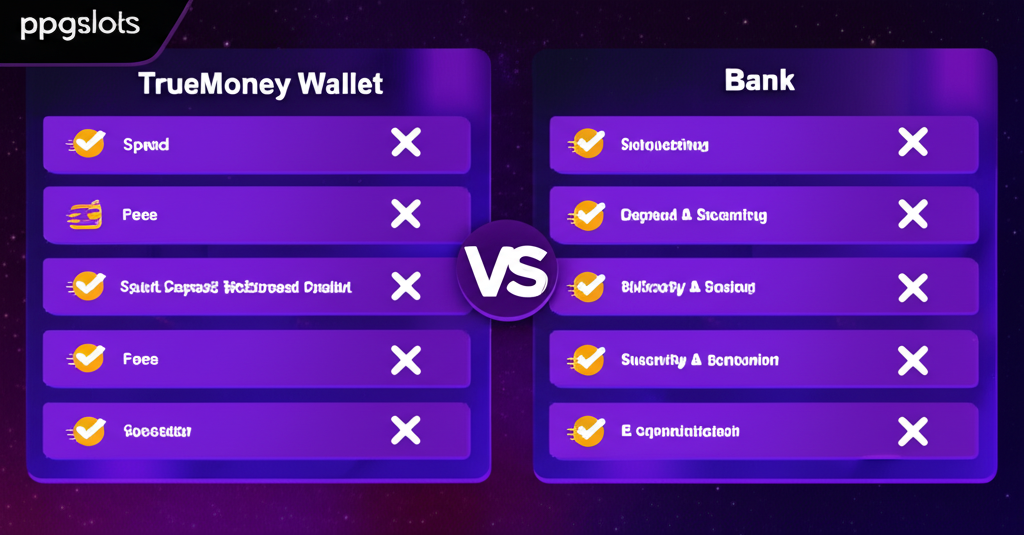 อินโฟกราฟิกเปรียบเทียบข้อดีข้อเสียของการฝาก-ถอนผ่าน TrueMoney Wallet และธนาคารใน ppgslots