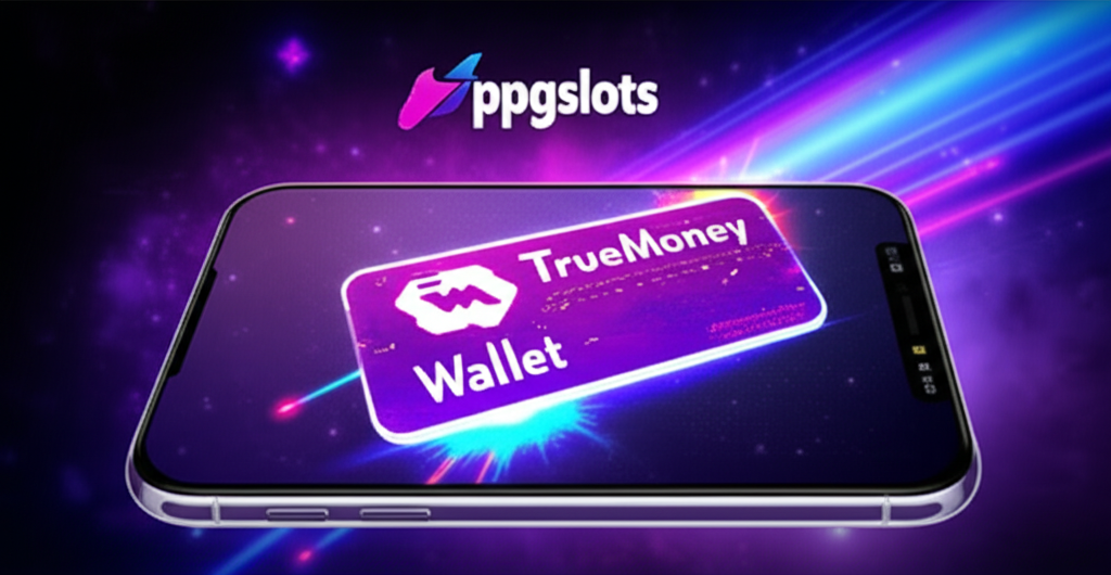 ภาพสมาร์ทโฟนแสดงหน้าจอเกม ppgslots ธีมกาแล็กซี่ พร้อมโลโก้ TrueMoney Wallet แสดงถึงการถอนเงินที่รวดเร็วและปลอดภัย