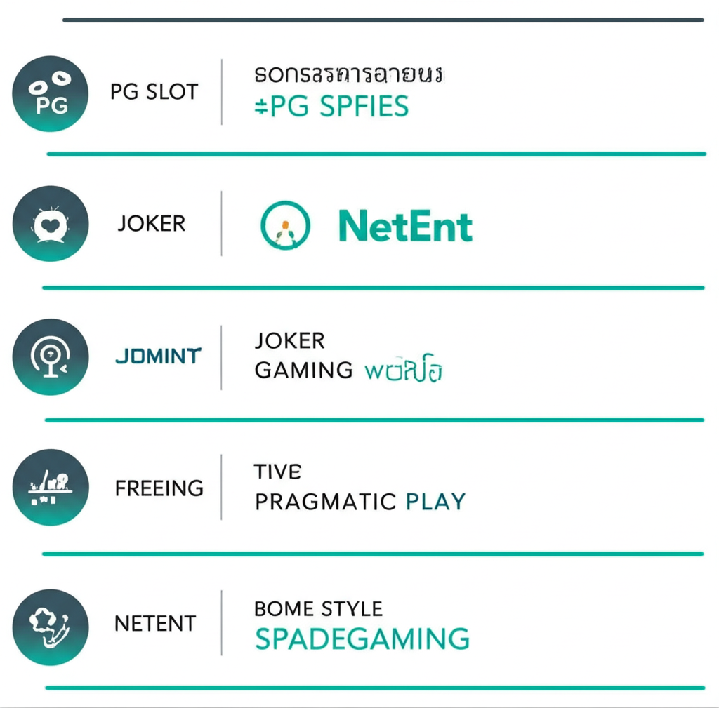 อินโฟกราฟิกเปรียบเทียบจุดเด่นของค่ายสล็อตยอดนิยม PG Slot, Joker Gaming, Pragmatic Play, NetEnt และ SPADEGAMING เน้นกราฟิก, ฟรีสปิน, ฟีเจอร์โบนัส และสไตล์เกม