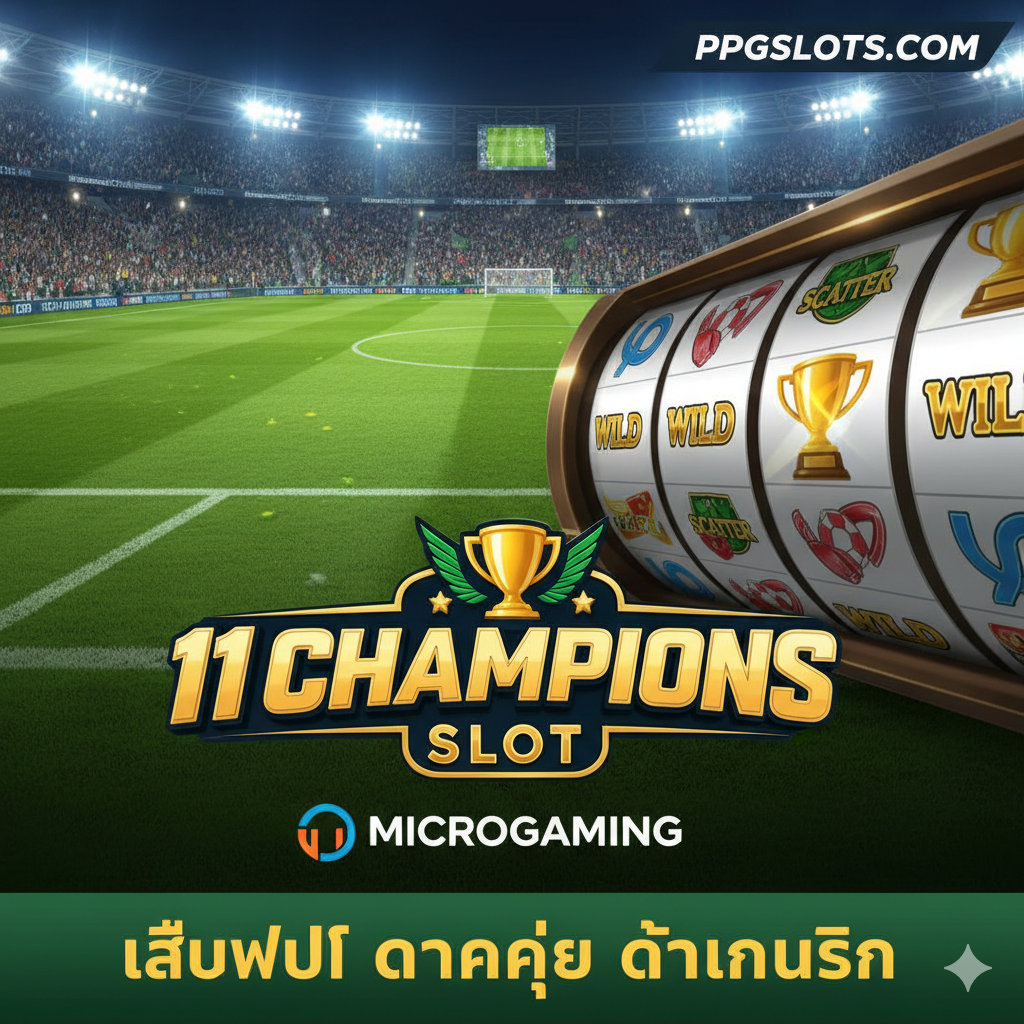 ภาพปกแนวฟุตบอลที่มีพลังและน่าตื่นเต้น (High-energy football theme cover) โดยมีโลโก้เกม '11 Champions Slot' และโลโก้ Microgaming เด่นชัดอยู่ด้านหน้า ฉากหลังควรเป็นสนามฟุตบอลขนาดใหญ่ที่มีแสงไฟสว่างจ้าและฝูงชนกำลังเชียร์อย่างคึกคัก เน้นภาพวงล้อสล็อตที่กำลังแสดงสัญลักษณ์ Wild, Scatter, และถ้วยรางวัล เพื่อสื่อถึงชัยชนะและโบนัส สีหลักคือสีเขียวสดของสนามหญ้าตัดกับสีทองของถ้วยรางวัลและสีสว่างของแสงสปอตไลท์ มุมมองแบบใกล้ (Close-up) เพื่อดึงดูดความสนใจพร้อมข้อความภาษาไทย 'เล่นฟรี แตกง่าย ได้เงินจริง' วางอยู่ด้านล่าง.