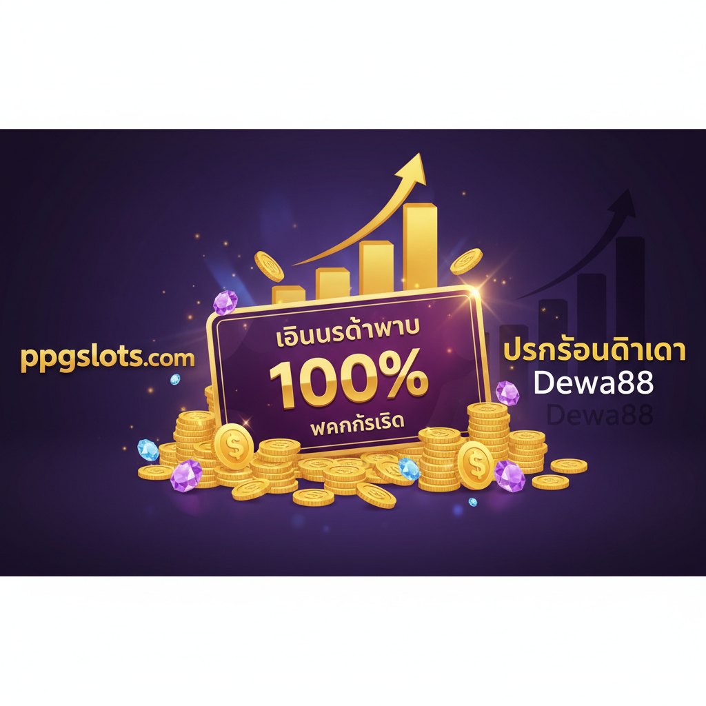 ภาพแสดงความได้เปรียบด้านโปรโมชั่นเมื่อเทียบกับ Dewa88 เน้นที่ 'โบนัสต้อนรับ 100%' ใช้ภาพกราฟแท่งที่สูงขึ้นหรือตั๋วเงินรางวัลขนาดใหญ่ (Big Check/Bonus Coupon) ที่ระบุตัวเลข '100%' อย่างเด่นชัด ควรมีเหรียญหรือเพชรระยิบระยับล้อมรอบเพื่อสื่อถึงความคุ้มค่าสูงสุด ในทางกลับกัน อาจมีเงาของโลโก้ Dewa88 ที่อยู่ด้านล่างหรือมีขนาดเล็กกว่าอย่างเห็นได้ชัด โทนสีหลักคือสีม่วงหรือสีน้ำเงินเข้มผสมกับสีทอง เพื่อสร้างความรู้สึกของ VIP และข้อเสนอสุดพิเศษที่ 'ดีกว่า dewa88 โปรโมชั่น' อย่างแท้จริง.