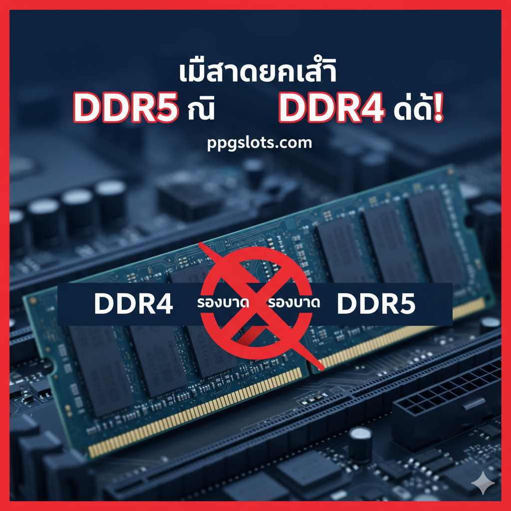 一张醒目的封面图，采用深蓝色และ亮红色作为主色调，营造出一种警告和技术感。核心元素是两根RAM模块：一根标有DDR4，另一根标有DDR5，它们被并排放置，但在中间的'Key Notch'（ร่องบาก）位置被一个巨大的红色'X'符号或一个'禁止'标志（🚫）明确阻挡，直观地展示了物理不兼容性。背景可以是一个模糊的主板插槽，强调操作场景。风格应是高科技、清晰และมีพลัง，泰语标题“ไม่สามารถใส่ DDR5 ใน DDR4 ได้!”（不能将DDR5放入DDR4!）应以粗体字突出。