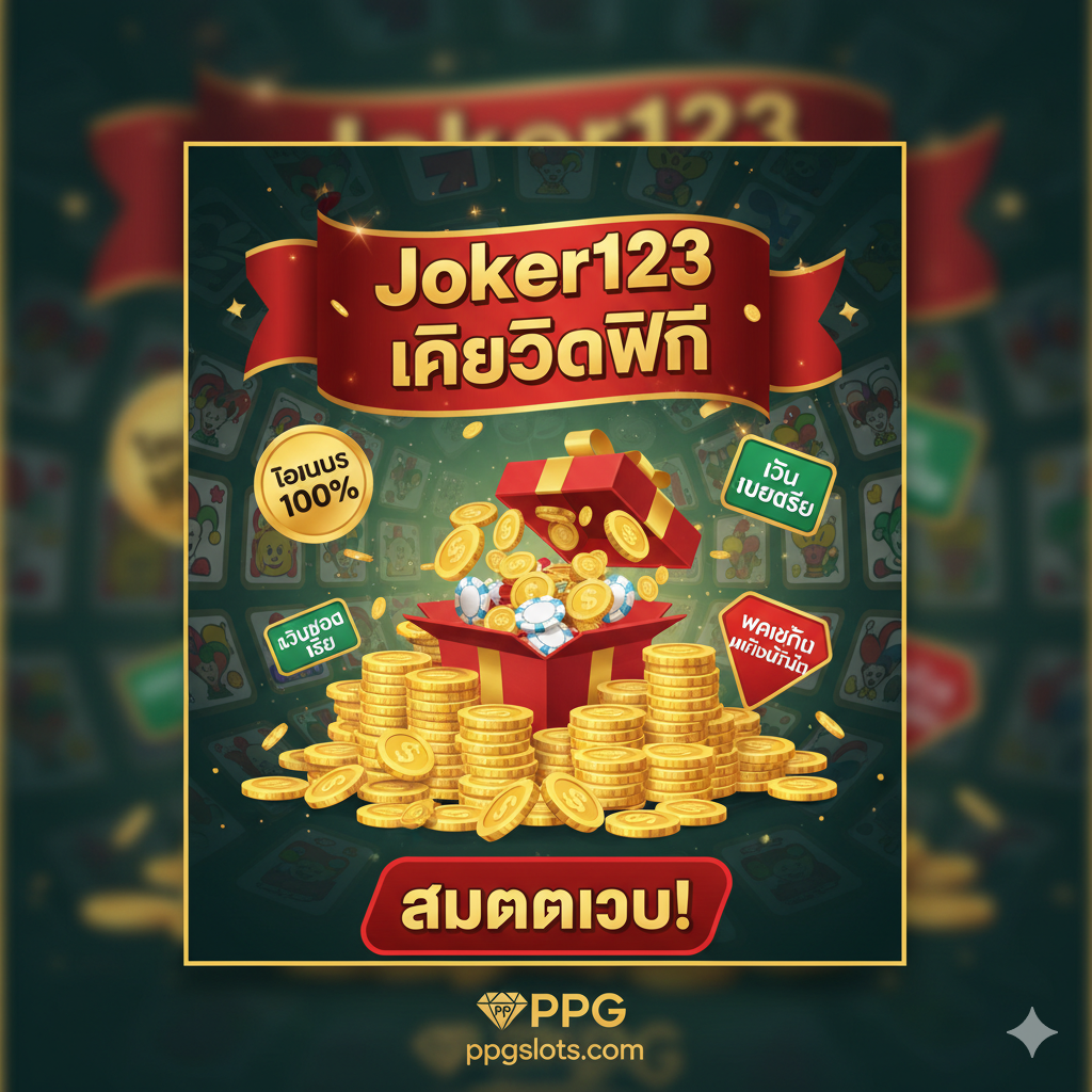 总结图,重点强调ppgslots.com提供的โปรโมชั่นและเครดิตฟรี (Promotions and Free Credit)。图片应是充满活力的促销海报风格,使用大红色、金色和绿色的搭配,视觉冲击力强。主体是一个巨大的礼盒或金币堆,上方悬挂着“Joker123 เครดิตฟรี”的横幅。画面周围环绕着小图标หรือ标签,代表不同的优惠:“โบนัส 100%” (100% Bonus)、“คืนยอดเสีย” (Loss Rebate)、“ฝากถอนไม่มีขั้นต่ำ” (No Minimum Deposit/Withdrawal)。底部是呼吁行动的泰语大字“สมัครเลย!” (Apply Now!) 和 ppgslots.com 的 Logo,作为最终行动召唤。