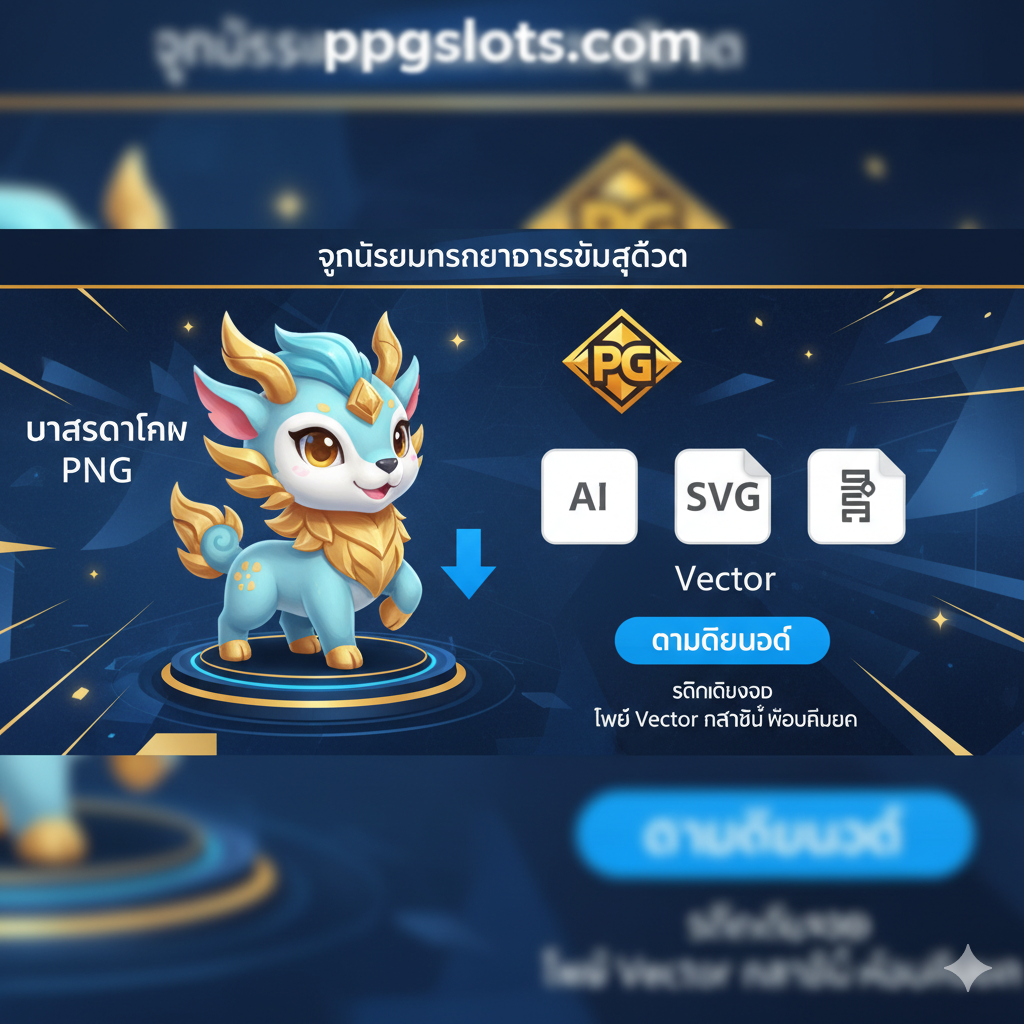ภาพแสดงการรวมทรัพยากรระดับมืออาชีพของ PG Slot - มีมาสคอตเกมเด่น (เช่น กิเลน) วางคู่กับไฟล์ไอคอน .AI, .SVG, และปุ่มดาวน์โหลด เสนอแนวคิด Ultimate Resource Hub