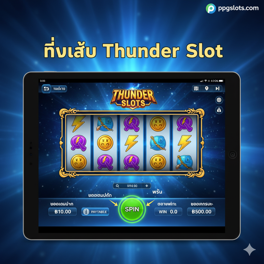 ออกแบบภาพ UI โทรศัพท์/แท็บเล็ตที่แสดงเกมสล็อต (เช่น Thunder Cash) โดยเน้นและทำเครื่องหมายบริเวณ 'ตั้งค่าเงินเดิมพัน', 'ตรวจสอบตารางจ่าย' และ 'ปุ่ม SPIN' พร้อมข้อความ 'วิธีเล่น Thunder Slot' เป็นภาษาไทยด้านบน