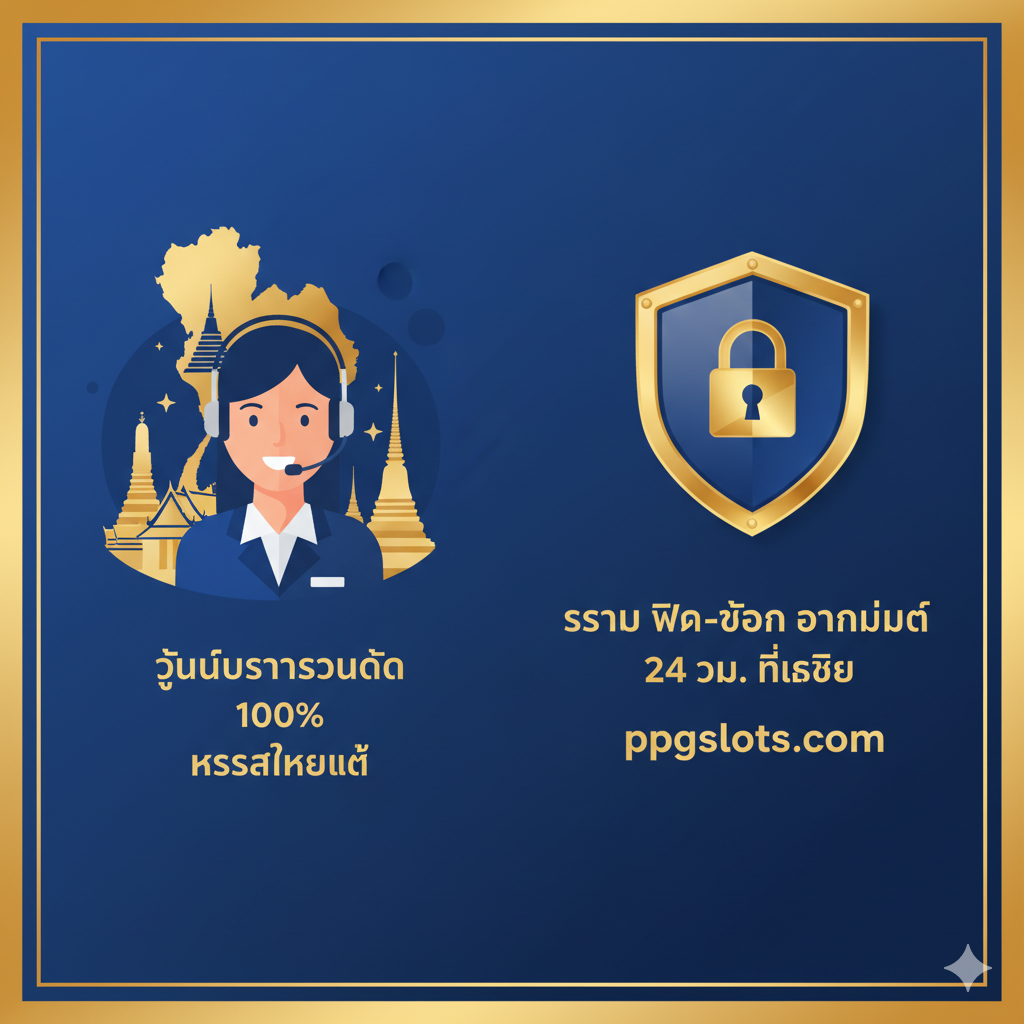 優勢特點圖,側重於ppgslots.com優於Inter77的客戶服務和本地化優勢。畫面左側是戴着耳麥、面帶微笑的泰國客服人員的抽象形象,背景是泰國的地圖輪廓或标志性建築(如寺廟尖頂),強調'100% Call Center ภาษาไทยแท้'。右側是一个帶有鎖圖標的盾牌,象徵着'ฝาก-ถอนอัตโนมัติ 24 ชม. ที่เสถียร'。整體風格專業而親切,色彩使用可靠的藍色和自信的金色,傳達出安全和貼心的本地化服務。
