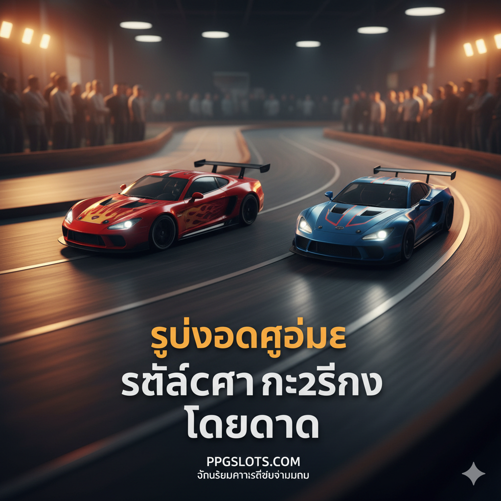 ภาพถ่ายมุมต่ำ (low-angle shot) ที่ดึงดูดสายตาของรถ Slot Car ขนาด 1:32 สองคันกำลังแข่งกันอย่างดุเดือดบนสนามแข่งไม้สีดำ/เทาใน Scale Racing Center Toronto (หรือสนามที่มีลักษณะคล้ายคลับแข่งรถใน GTA) แสงไฟสปอตไลท์สีส้ม-เหลืองเน้นที่ตัวรถที่เบลอเล็กน้อยจากการเคลื่อนที่ (motion blur) เพื่อสื่อถึงความเร็ว พื้นหลังเป็นเงาของผู้ชมที่กำลังเชียร์อยู่ขอบสนาม ให้ความรู้สึกถึงการแข่งขันที่จริงจังและเป็นชุมชน สีหลักคือสีเข้มของสนามตัดกับสีสดใสของรถแข่ง (เช่น แดงและน้ำเงิน) เน้นคำว่า 'TORONTO' และ 'RACING' อย่างชัดเจนในองค์ประกอบภาพ.