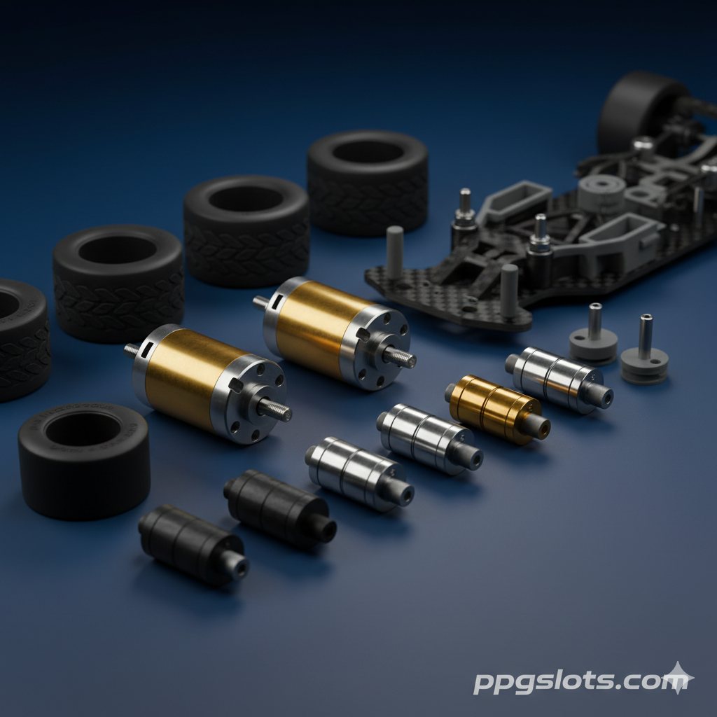 ภาพโฟกัสที่อะไหล่โมดิฟาย (High-Performance Parts) ที่ ppgslots.com เชี่ยวชาญในการขาย องค์ประกอบหลักคือการจัดเรียงมอเตอร์ Slot Car สมรรถนะสูง (สีทอง/เงินเงา) ยางซิลิโคนเฉพาะทางที่มีรายละเอียดสูง และตัวถังรถ (chassis) ที่ทำจาก 3D Printed หรือวัสดุคาร์บอนไฟเบอร์ จัดวางอยู่บนพื้นหลังสีดำหรือสีน้ำเงินเข้มอย่างหรูหรา โดยมีแสงไฟสะท้อนบนพื้นผิวโลหะของมอเตอร์และอะไหล่ ดูเป็นงานศิลปะทางวิศวกรรม เน้นความแม่นยำและคุณภาพสูงเพื่อให้สอดคล้องกับกลยุทธ์ของ ppgslots.com ในการเติมเต็มช่องว่างของสินค้าหายากในแคนาดา ภาพนี้เน้นความละเอียดและคุณภาพของสินค้าเป็นหลัก.