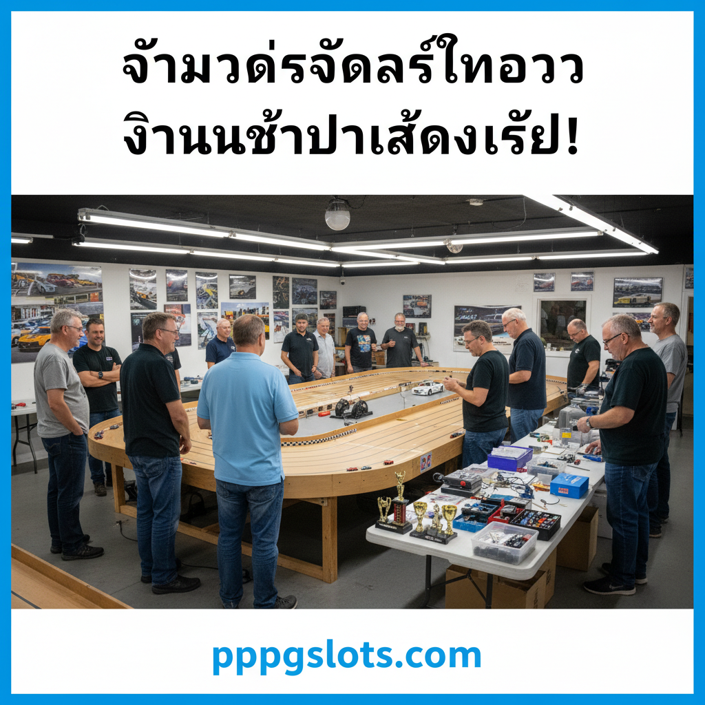 ภาพรวมสรุปที่สื่อถึงชุมชน Slot Car Racing ในโทรอนโต ภาพถ่ายมุมกว้าง (wide shot) แสดงกลุ่มคนหลากหลายวัย (ผู้ใหญ่) กำลังยืนรอบสนามแข่งไม้ขนาดใหญ่ในศูนย์แข่งรถ เช่น Scale Racing Center พวกเขากำลังพูดคุยหัวเราะหรือกำลังปรับแต่งรถของตัวเอง บรรยากาศอบอุ่นและเป็นมิตร มีแสงไฟส่องสว่างทั่วบริเวณ แสดงให้เห็นถึงการรวมตัว การแลกเปลี่ยนความรู้ และความสนุกสนานของการเป็นงานอดิเรกในโทรอนโต องค์ประกอบเน้นปฏิสัมพันธ์ของผู้คนและการรวมกลุ่มเป็นสำคัญ สื่อถึงการต้อนรับของชุมชนสำหรับนักแข่งทุกระดับตามที่กล่าวถึงในบทสรุป.
