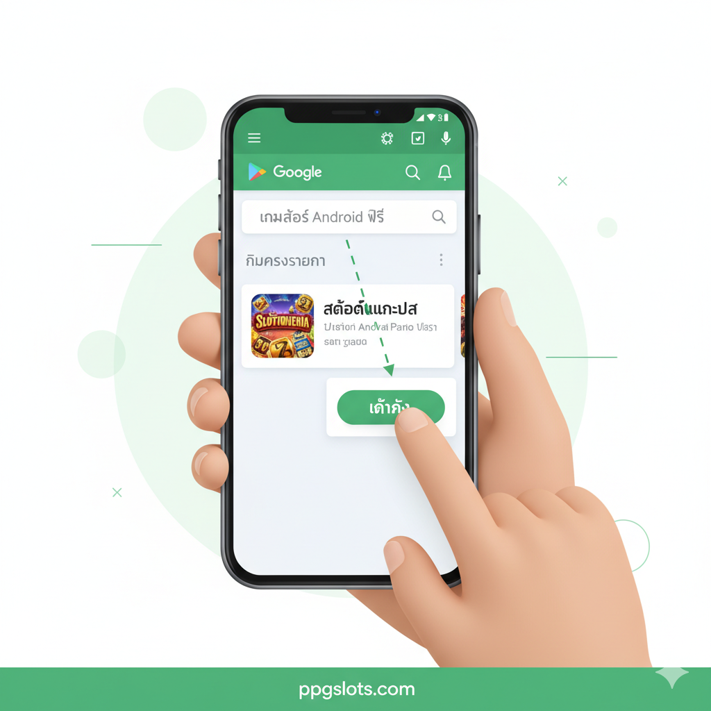 ภาพที่แสดงขั้นตอนการดาวน์โหลดสำหรับส่วน 'วิธีโหลดสล็อตฟรี Android' โฟกัสไปที่มือที่กำลังถือสมาร์ทโฟน Android โดยหน้าจอโทรศัพท์แสดงแอปพลิเคชัน Google Play Store ที่กำลังค้นหาคำว่า 'free android slot games' หรือชื่อแอปยอดนิยมอย่าง 'Slotomania' บนหน้าจอจะต้องเห็นปุ่ม 'Install' ที่กำลังถูกแตะ โทนสีของภาพเป็นสีขาวสว่างและสีเขียว มีลูกศรหรือเส้นประที่นำสายตาจากขั้นตอนการค้นหาไปยังการติดตั้ง ภาพรวมเป็นแบบภาพวาดดิจิทัล 3 มิติที่ดูสะอาดตาและเข้าใจง่ายเพื่อเป็นคู่มือ
