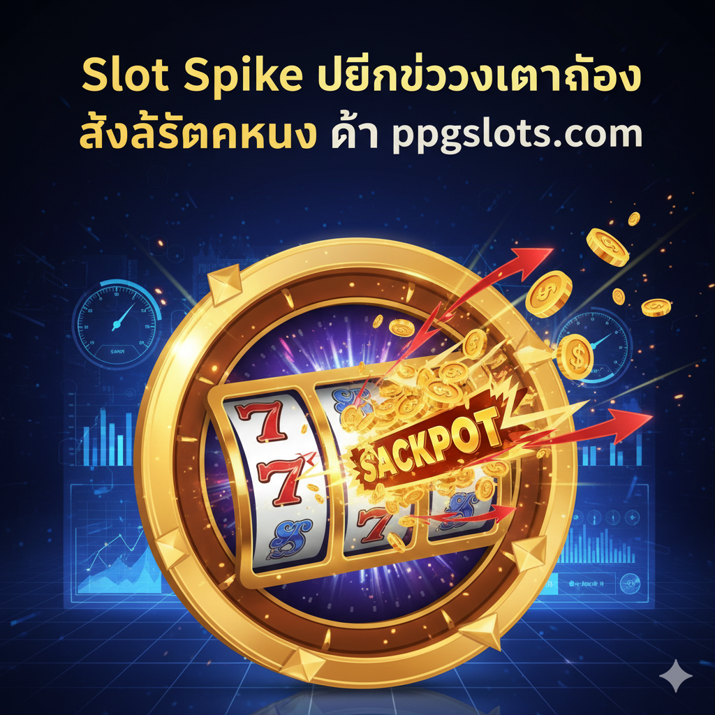 一张引人注目ของ封面图，主题为'สูตร Slot Spike'。画面中心是一个巨大的金色老虎机卷轴，其中一个符号（例如一个金币堆หรือแจ็คพอต符号）正以爆炸性的速度向上'พุ่งสูง'（Spike），用红色หรือ金色的闪电/箭头มา强调这种动态。背景应เป็น高科技的蓝色และ紫色，带有数据图表และ时间刻度，象征着数据分析และ精准เวลา。顶部显眼的泰文标题：'Slot Spike เปิดช่วงเวลาทอง สล็อตแตกหนัก ที่ ppgslots.com'，整体风格科技感และ奢华感并存，诱惑玩家คลิก。