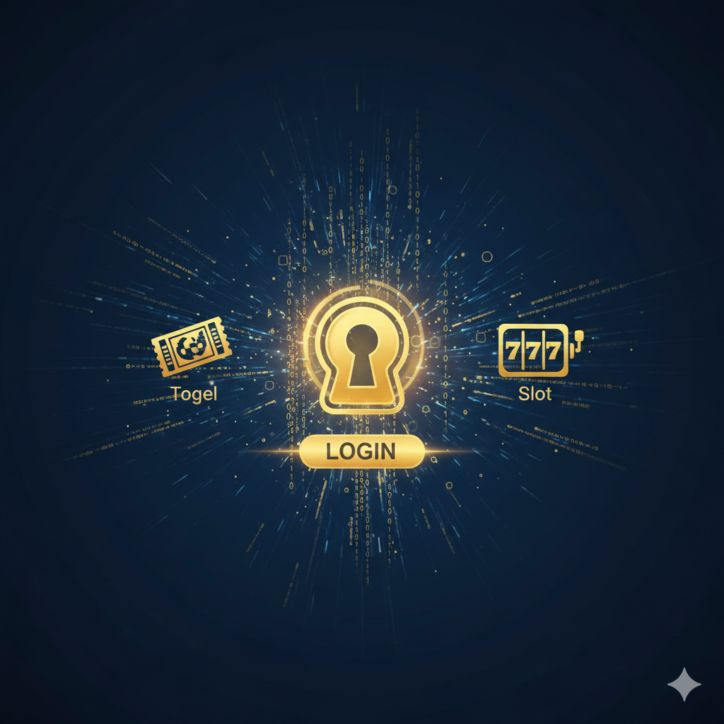 功能特性图，重点展示'One-Wallet, Two-Games'（一钱包玩两游戏）的便捷性。画面中心是一个清晰的钱包或货币符号，从钱包中延伸出两条箭头或光束，分别指向左侧的'Togel'（用彩票、数字或预测板图标表示）和右侧的'Slot'（用老虎机卷轴或旋转符号表示）。色彩鲜明，例如使用绿色代表Togel，红色代表Slot。强调用户可以无缝切换，无需转账，体现系统的集成和高效。