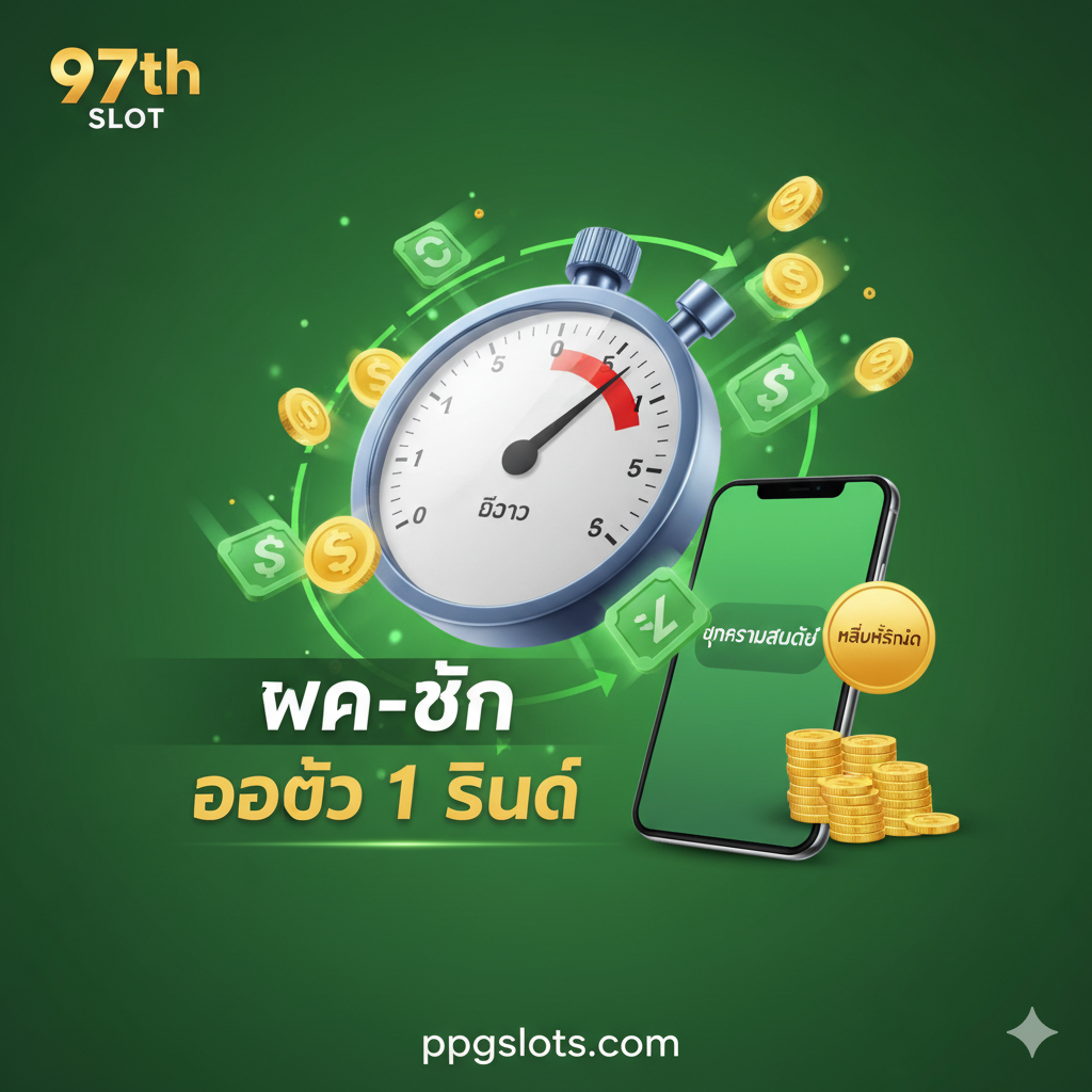 ภาพที่เน้นฟีเจอร์ระบบอัตโนมัติ โดยมีมาตรวัดความเร็วหรือนาฬิกาจับเวลาที่ชี้ไปที่ 1 วินาที พร้อมไอคอนเหรียญที่ไหลเข้าอย่างรวดเร็ว โทรศัพท์มือถือ และมีป้าย 'No Minimum' อยู่ข้างๆ เพื่อเน้นถึงระบบฝาก-ถอน ออโต้ 1 วินาที ที่เหนือกว่า