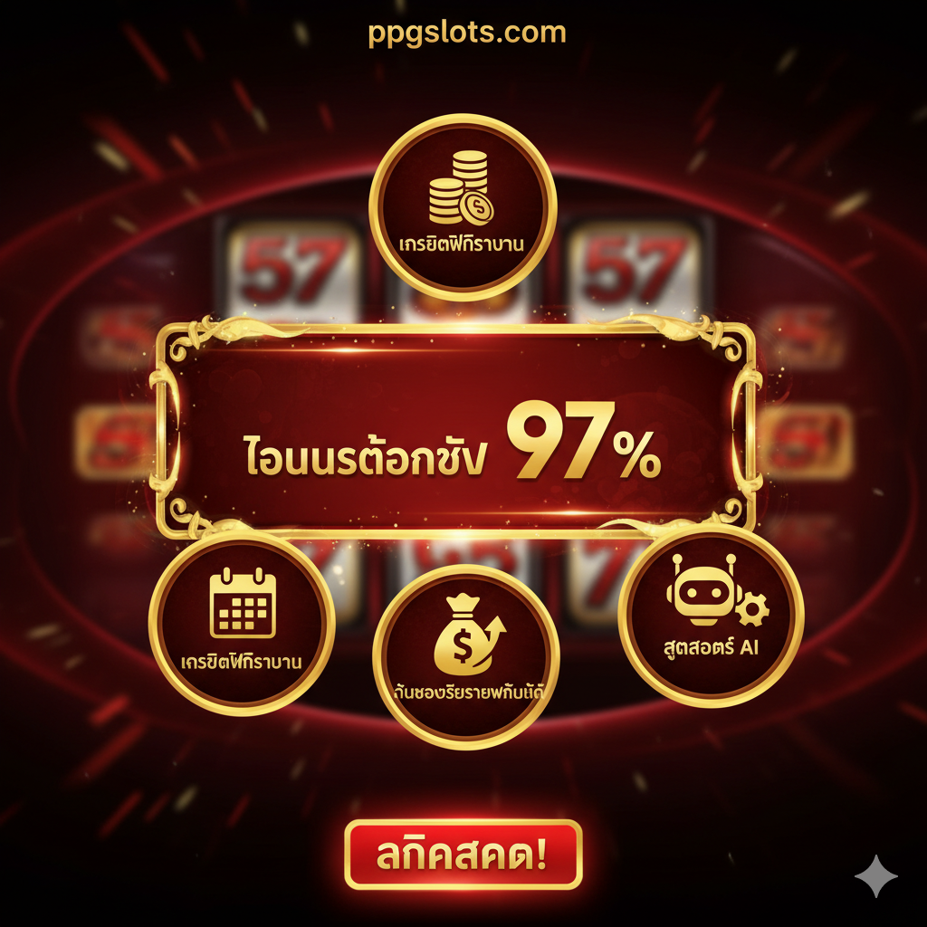 ภาพสรุปโปรโมชั่นที่ดึงดูดใจ มีป้าย 'Welcome Bonus 97%' ขนาดใหญ่ และสัญลักษณ์ของโบนัสอื่น ๆ เช่น 'เครดิตฟรีรายวัน' และ 'สูตรสล็อต AI' ที่ด้านล่างมีปุ่ม 'คลิกสมัคร!' ขนาดใหญ่ที่กระตุ้นการตัดสินใจของผู้ใช้