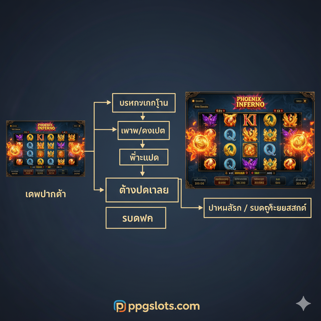 ภาพถ่ายแสดงคำแนะนำกลยุทธ์. แบ่งเป็นสองส่วน: ซ้ายแสดงการหมุนปกติด้วย 'Low Bet'; ขวาแสดงวงล้อที่ได้รับรางวัลใหญ่ด้วย 'High Bet' หรือหลังจากการใช้ 'Buy Feature'. ตรงกลางมีแผนภาพลูกศรหรือแผนผังที่แสดงขั้นตอนการ 'บริหารเงินทุน (Capital Management)' และการ 'เพิ่ม/ลดเบท (Increase/Decrease Bet)' โดยเน้นคำสำคัญภาษาไทยเช่น 'ตั้งเป้าหมาย (Set Goal)' และ 'หยุดพัก (Take a Break)'.