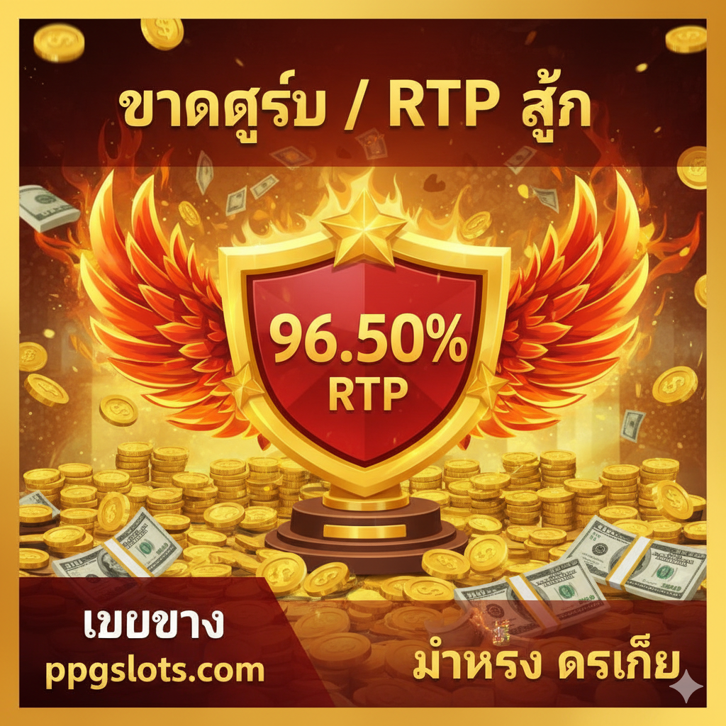 ภาพส่งเสริมการขายที่เน้นย้ำถึงความได้เปรียบของเกมและแพลตฟอร์ม. มีเหรียญตราหรือถ้วยรางวัลสีทองส่องประกายสลักข้อความว่า “96.50% RTP”. พื้นหลังเต็มไปด้วยกองเหรียญทองและธนบัตร, ล้อมรอบด้วยองค์ประกอบของเปลวไฟฟีนิกซ์. เน้นข้อความภาษาไทย 'เว็บตรง ppgslots.com' และ 'มั่นคง ปลอดภัย (Stable and Safe)' เพื่อเน้นย้ำถึงความน่าเชื่อถือของแพลตฟอร์มและผลตอบแทนที่สูงของเกม.
