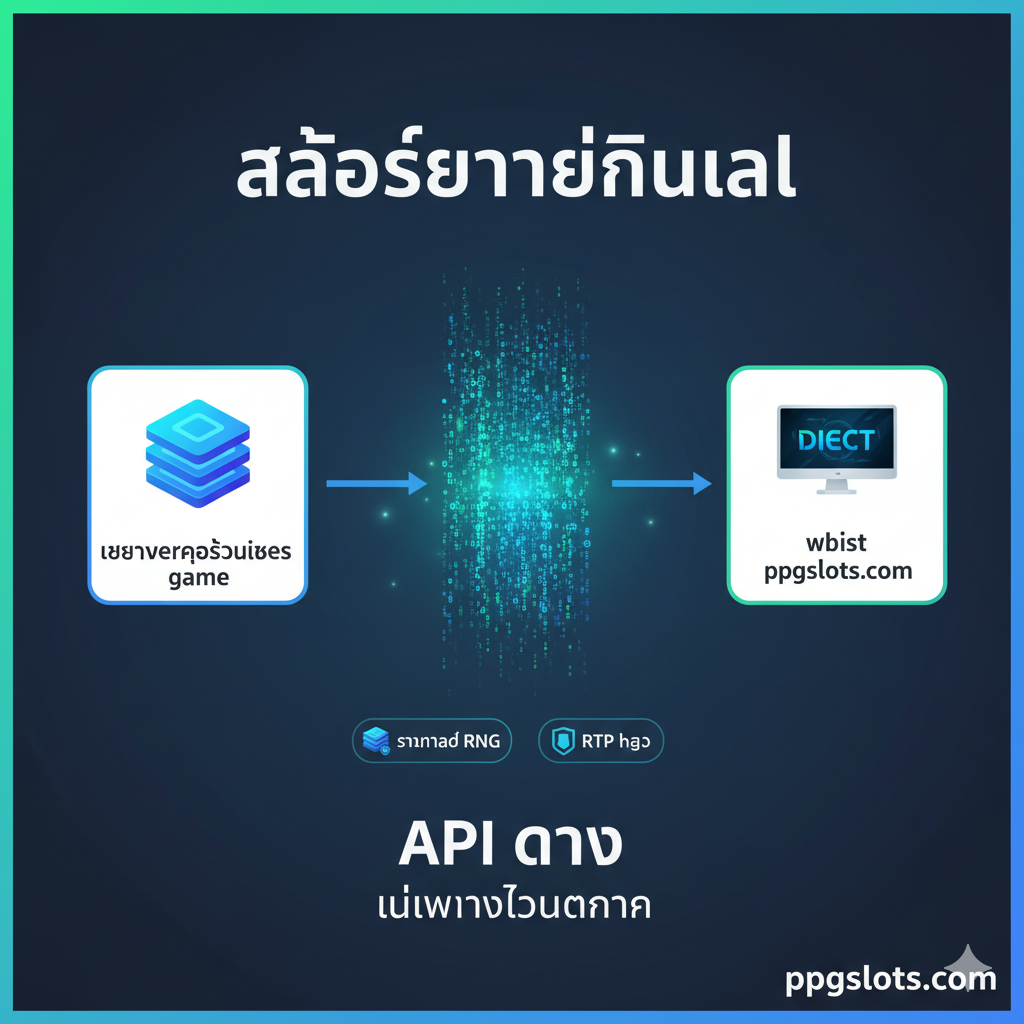 ภาพวาดแนวคิดทางเทคนิคแสดงการเชื่อมต่อ Direct API ที่ไม่ผ่านตัวกลางระหว่าง 'Game Provider Server' และ 'ppgslots.com Website' เพื่อเน้นย้ำว่าเป็นเว็บตรง 100% และมีการใช้ RNG มาตรฐาน