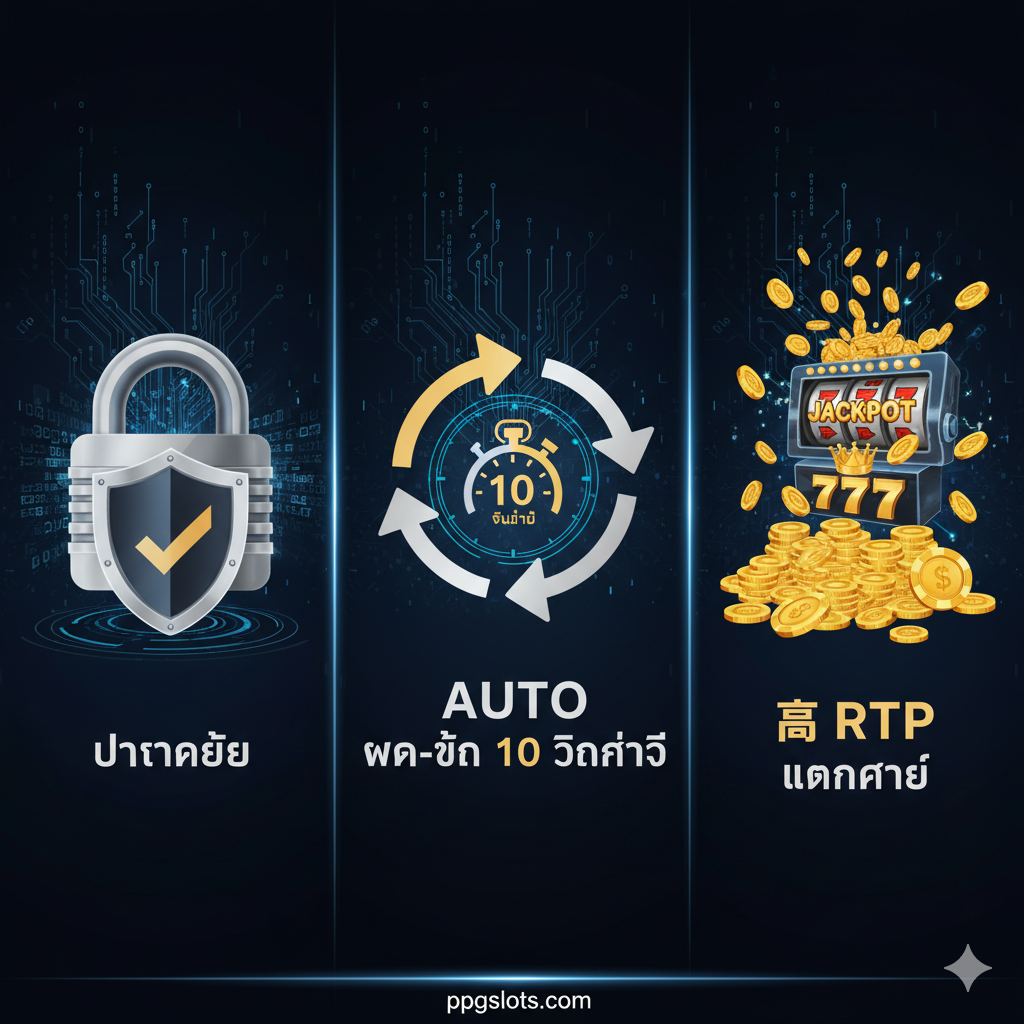 ภาพแบ่งสามส่วนเน้นย้ำข้อดี: 'ความปลอดภัย' ด้วยไอคอนโล่, 'Auto ฝาก-ถอน' ด้วยลูกศรหมุนเวียนและระบุเวลา 10 วินาที, และ 'Jackpot/High RTP' ด้วยกองเหรียญทองขนาดใหญ่