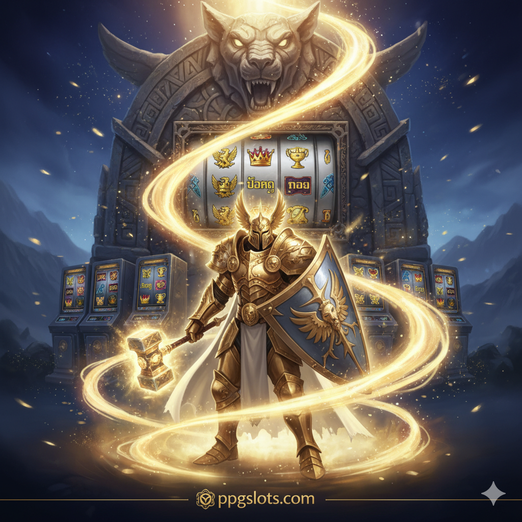 一张史诗级的封面图，主题为'Best in Slot Holy Paladin'กับห้าเกมสล็อตที่สำคัญ ภาพตรงกลางเป็น Holy Paladin ที่สวมเกราะสีทอง ถือค้อนและโล่ที่ส่องแสงศักดิ์สิทธิ์ (Divine Light) ฉากหลังเป็นลูกผสมระหว่างโลกแฟนตาซีกับสัญลักษณ์สล็อต เช่น วงล้อสล็อตยักษ์ที่รวมอยู่ในซุ้มประตูทางเข้า Raid สีหลักคือทอง ขาว และน้ำเงินเข้ม สื่อถึงความศักดิ์สิทธิ์และความสูงส่ง