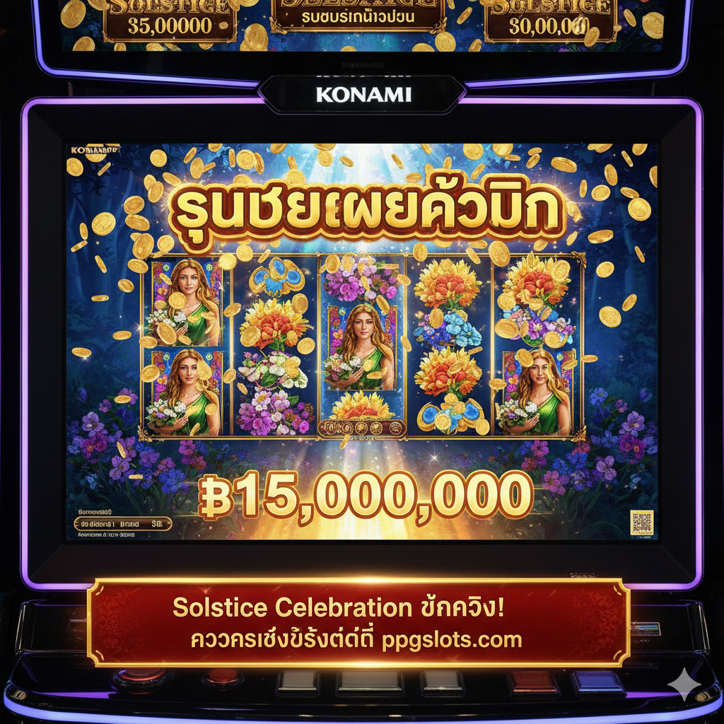ภาพสรุปและปิดท้ายที่แสดงความสำเร็จในการเล่น โดยแสดงหน้าจอเกมสล็อตที่กำลังแสดงผล 'BIG WIN' หรือ 'SUPER BIG WIN' ด้วยเหรียญทองที่โปรยปรายลงมาอย่างอลังการ เน้นสัญลักษณ์จ่ายสูง เช่น รูปผู้หญิงสวยงามและดอกไม้เต็มจอ โทนสีเข้มและมีแสงสว่างจากตัวเลขรางวัลที่พุ่งขึ้นมาเพื่อสื่อถึงความสำเร็จและความคุ้มค่าในการลงทุน มีคำกระตุ้นเช่น 'Solstice Celebration แตกจริง! รับรางวัลใหญ่ได้ที่ ppgslots.com' อยู่ด้านล่างเพื่อเชื้อเชิญให้คลิกเล่นต่อ