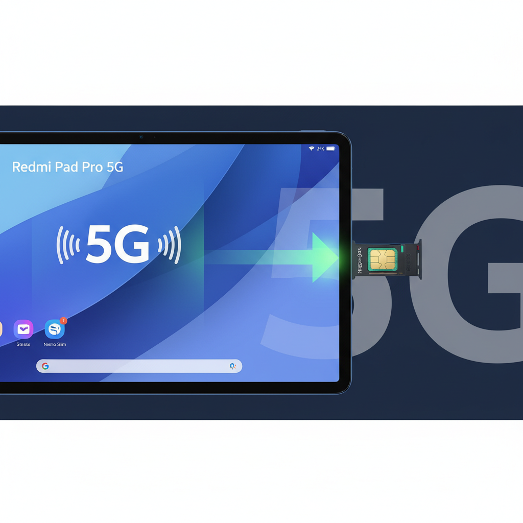 ภาพเน้นคุณสมบัติหลักของ Redmi Pad Pro 5G ในแนวนอน แสดงแท็บเล็ตครึ่งจอพร้อมไอคอนสัญญาณ 5G ที่ชัดเจนและเต็มขีดอยู่มุมหนึ่ง อีกครึ่งจอเป็นภาพขยาย (Close-up) ของถาดใส่ซิมการ์ดที่เสียบซิม Nano-SIM เข้าไปแล้ว มีลูกศรสีเขียวสว่างชี้ไปที่สัญลักษณ์ 5G และตัวเลข '5G' ขนาดใหญ่ในพื้นหลัง ใช้โทนสีน้ำเงินเข้มและฟ้าอ่อนเพื่อสื่อถึงความเร็วสูงและความเสถียรของเครือข่าย ภาพควรดูสะอาดตาและเป็นระเบียบ เน้นการใช้งานอินเทอร์เน็ตที่ราบรื่นสำหรับการเล่นเกมสล็อต