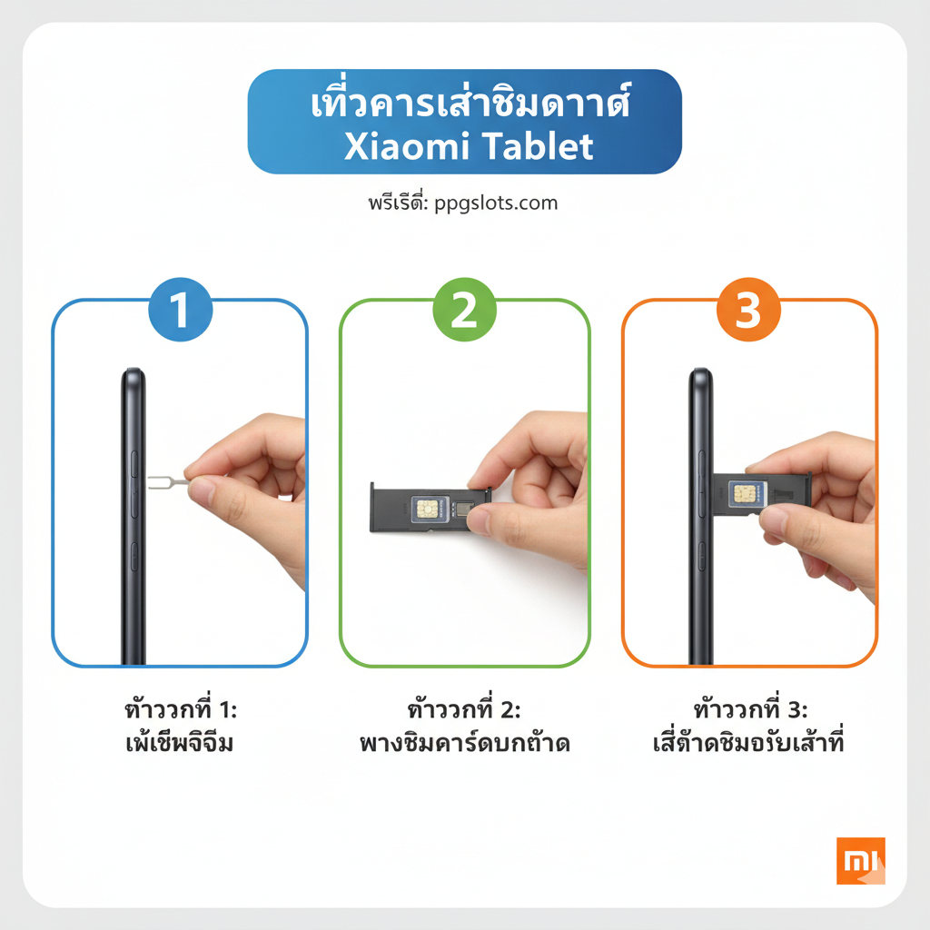 ภาพขั้นตอนการใส่ซิมการ์ดแบบ Infographic (อินโฟกราฟิก) ที่เข้าใจง่ายและชัดเจน แสดงภาพมือที่กำลังใช้ 'เข็มจิ้มซิม' จิ้มลงไปในรูเล็กๆ ของถาดซิมบนขอบด้านข้างของแท็บเล็ต Xiaomi (เน้นให้เห็นขอบเครื่อง) แบ่งภาพเป็น 3 ขั้นตอนย่อยในกรอบเดียวกัน: 1. ใช้เข็มจิ้ม, 2. วางซิมการ์ดลงบนถาด, 3. ใส่ถาดซิมกลับเข้าไป ใช้พื้นหลังสีขาวหรือสีเทาอ่อนเพื่อให้ตัวขั้นตอนและอุปกรณ์ (ซิมการ์ด, เข็มจิ้มซิม) ดูโดดเด่น มีสัญลักษณ์หมายเลข 1, 2, 3 กำกับแต่ละขั้นตอนอย่างชัดเจน