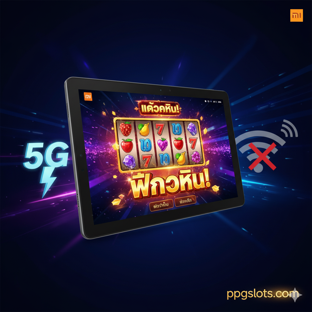 ภาพเปรียบเทียบเชิงแนวคิดที่สื่อถึง 'ความได้เปรียบ' ในการเล่นเกมสล็อตด้วย 5G แสดงภาพแท็บเล็ตที่มี SIM Slot กำลังแสดงผลหน้าจอเกมสล็อตออนไลน์ (วงล้อหมุน) ที่มีคำว่า 'JACKPOT' หรือ 'BIG WIN' ขึ้นมาอย่างชัดเจน ด้านซ้ายของภาพแสดงสัญญาณ 5G ที่มั่นคงและมีสายฟ้าผ่าขนาดเล็กเพื่อสื่อถึงความเร็วสูง ด้านขวาอาจแสดงภาพเงาของสัญลักษณ์ Wi-Fi ที่อ่อนแอและมีเครื่องหมาย 'X' กำกับ ใช้สีทองและสีแดงสดใสเน้นบริเวณเกมสล็อตเพื่อกระตุ้นความรู้สึกของการชนะและผลกำไรสำหรับ ppgslots.com