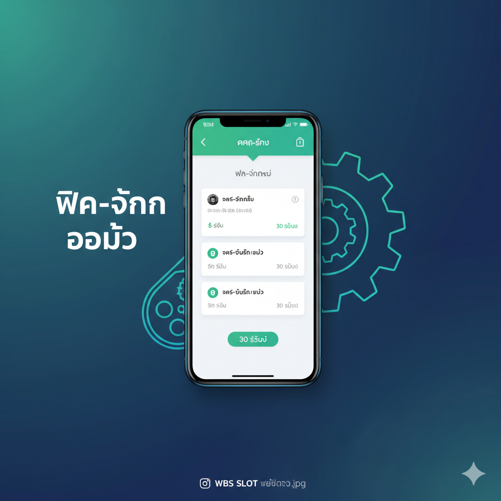 一张强调'ฝาก-ถอน ออโต้'（自动存取款）功能的特性图。画面左侧หรือกลาง展示一个手机屏幕界面，显示快速存取款成功的通知，并有计时器显示'30 วินาที'（30秒）。右侧可以是一个机械齿轮或流水线的抽象图形，象征'ออโต้'（自动）和高效。使用蓝色和绿色为主色调，代表安全、信任和速度。底部可以有小字'WBS SLOT เว็บตรง'的品牌信息，强调系统稳定และ安全。