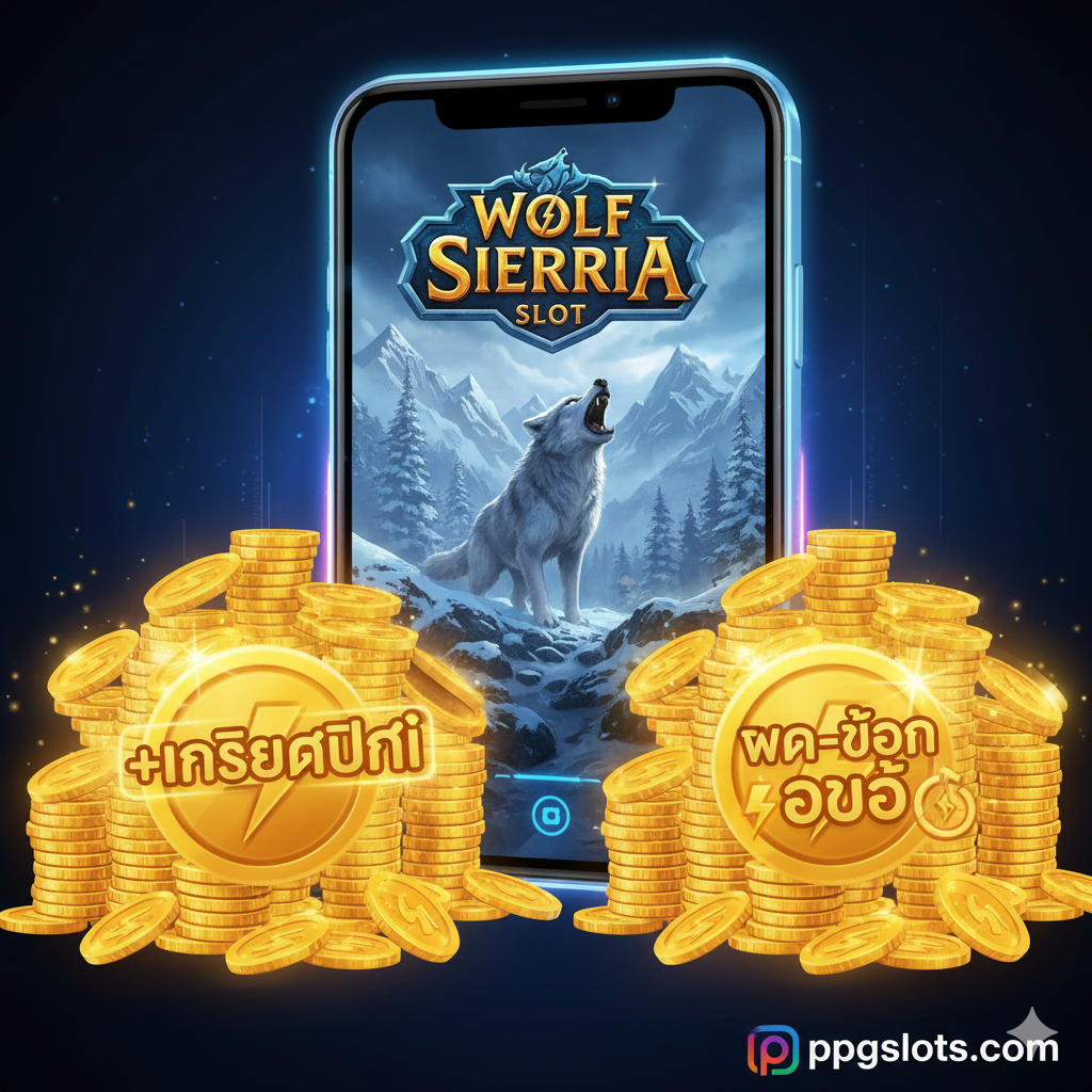 突出ppgslots.com平台优势的图片。核心元素是平台特有的'เครดิตฟรี'(Credit Free)和'ฝากถอน ออโต้'(Auto Deposit/Withdrawal)。构图应为一个现代化的手机或电脑界面,背景是Wolf Sierra游戏画面,前景有两个巨大的、闪闪发光的虚拟金币堆。其中一枚金币上印有'100% Bonus'字样,另一枚金币旁有闪电或速度符号(代表Auto System)。图片风格应是数字化的、高科技感,强调速度、安全和高额奖励。