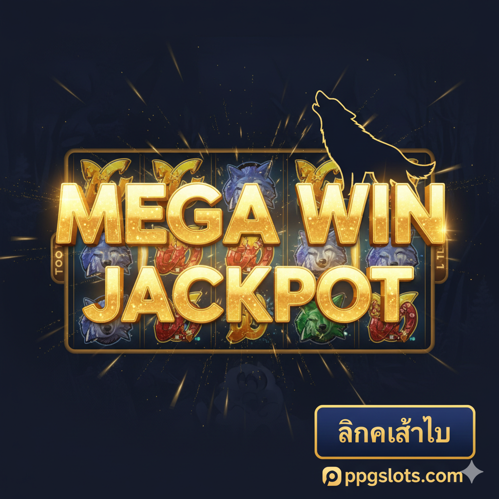 一张总结性的高潮图,强调'Big Win'和号召行动。图片应展示一个巨大的、充满金色光芒的'MEGA WIN'หรือ'JACKPOT'字样,覆盖在Wolf Sierra游戏卷轴之上。有一只野狼的剪影或图形作为辅助元素,显得兴奋และ勝利。下方或角落放置一个引人注目的泰语行动呼吁按钮(例如'คลิกเล่นเลย' - Click to Play Now)และ'ppgslots.com'的标志。色彩以金黄色和深蓝色为主,营造出获得巨大胜利的激情氛围。
