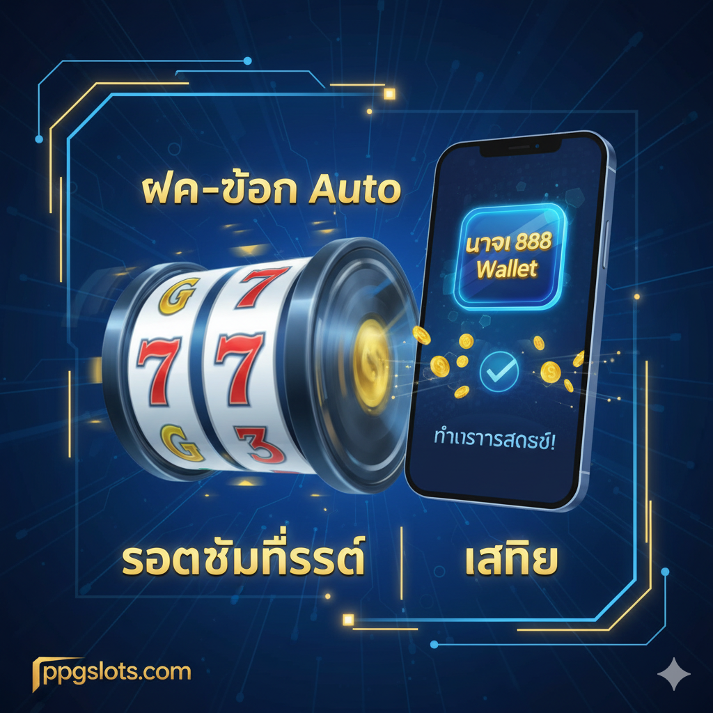 ภาพคุณสมบัติที่เน้น 'ระบบ Auto' และการชำระเงิน 'Wallet' เป็นหลัก ภาพแสดงอินเทอร์เฟซสีน้ำเงินทองที่ให้ความรู้สึกทันสมัย มีวงล้อสล็อตที่หมุนเร็ว พร้อมข้อความ 'ฝาก-ถอน Auto' และหน้าจอโทรศัพท์จำลองแสดงไอคอน 'นาจา 888 Wallet' และแอนิเมชั่นการทำธุรกรรมที่รวดเร็ว