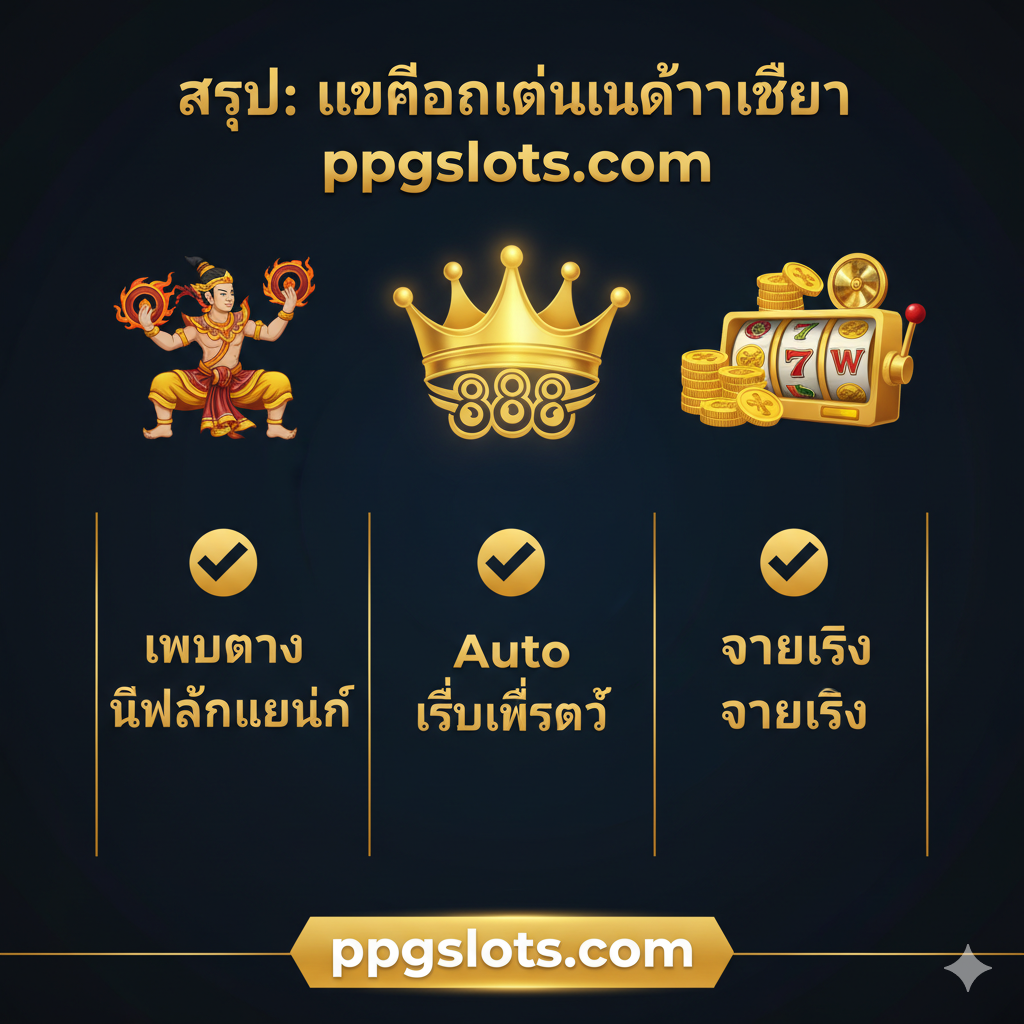 ภาพสรุปที่เน้นว่า ppgslots.com เป็นตัวเลือกที่ดีที่สุดสำหรับ 'นาจา 888 slot' แสดงถ้วยรางวัลหรือมงกุฎแห่งชัยชนะ องค์ประกอบของนาจาและสัญลักษณ์สล็อต ด้านล่างเน้นจุดขายหลักด้วยเครื่องหมายถูก (✅) เช่น เว็บตรง ไม่ผ่านเอเย่นต์, Auto เร็วที่สุด, จ่ายจริง ด้วยพื้นหลังสีน้ำเงินเข้มและตัวอักษรสีทอง สร้างความรู้สึกมั่นใจและน่าเชื่อถือ