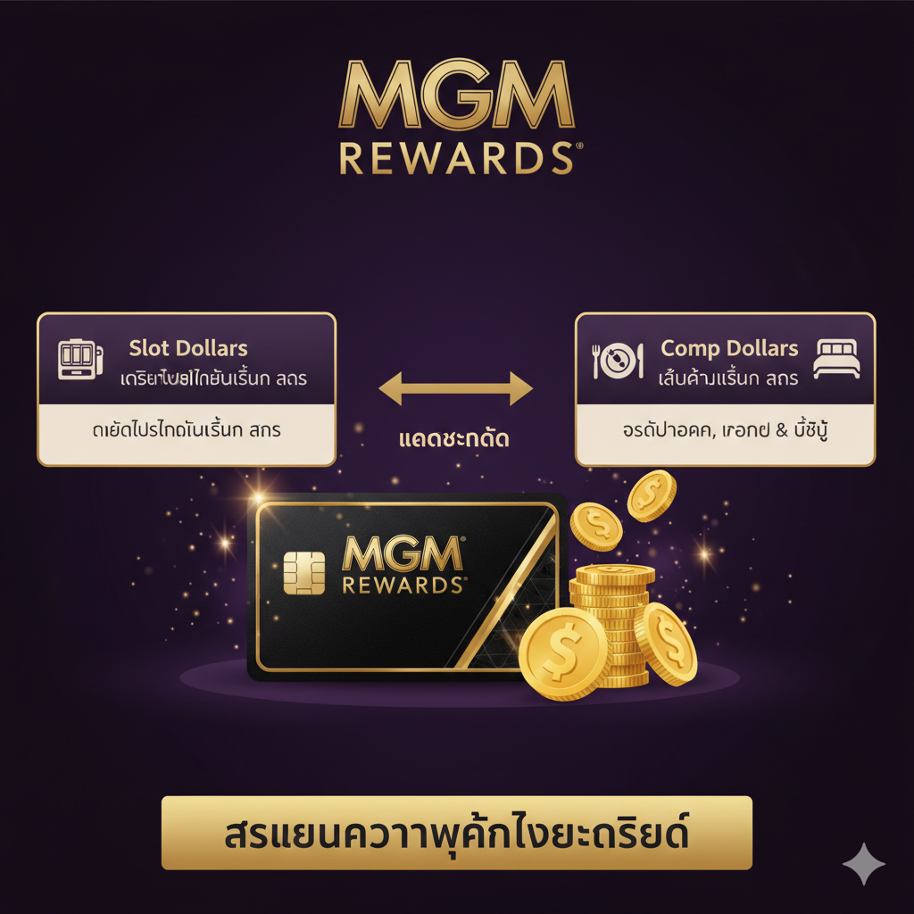 ภาพประกอบส่วน 'ทำความเข้าใจ Slot Dollars และ MGM Rewards' แสดงภาพการ์ดสมาชิก MGM Rewards (สีดำ/ทอง) วางคู่กับเหรียญทองหรือสัญลักษณ์ดอลลาร์ที่ลอยอยู่ด้านบน มีไอคอนเล็กๆ สองอันแยกกันคือ 'Slot Dollars' (เป็นไอคอนเครื่องสล็อตเล็กๆ หรือป้าย Free Play) และ 'Comp Dollars' (เป็นไอคอนจานอาหารสุดหรูหรือห้องพักโรงแรม) จัดวางให้เห็นการเปรียบเทียบอย่างชัดเจน ใช้สีสันสดใสแต่ยังคงความหรูหราของแบรนด์ MGM เน้นคอนเซ็ปต์ 'รางวัลความภักดี' และ 'เครดิต'