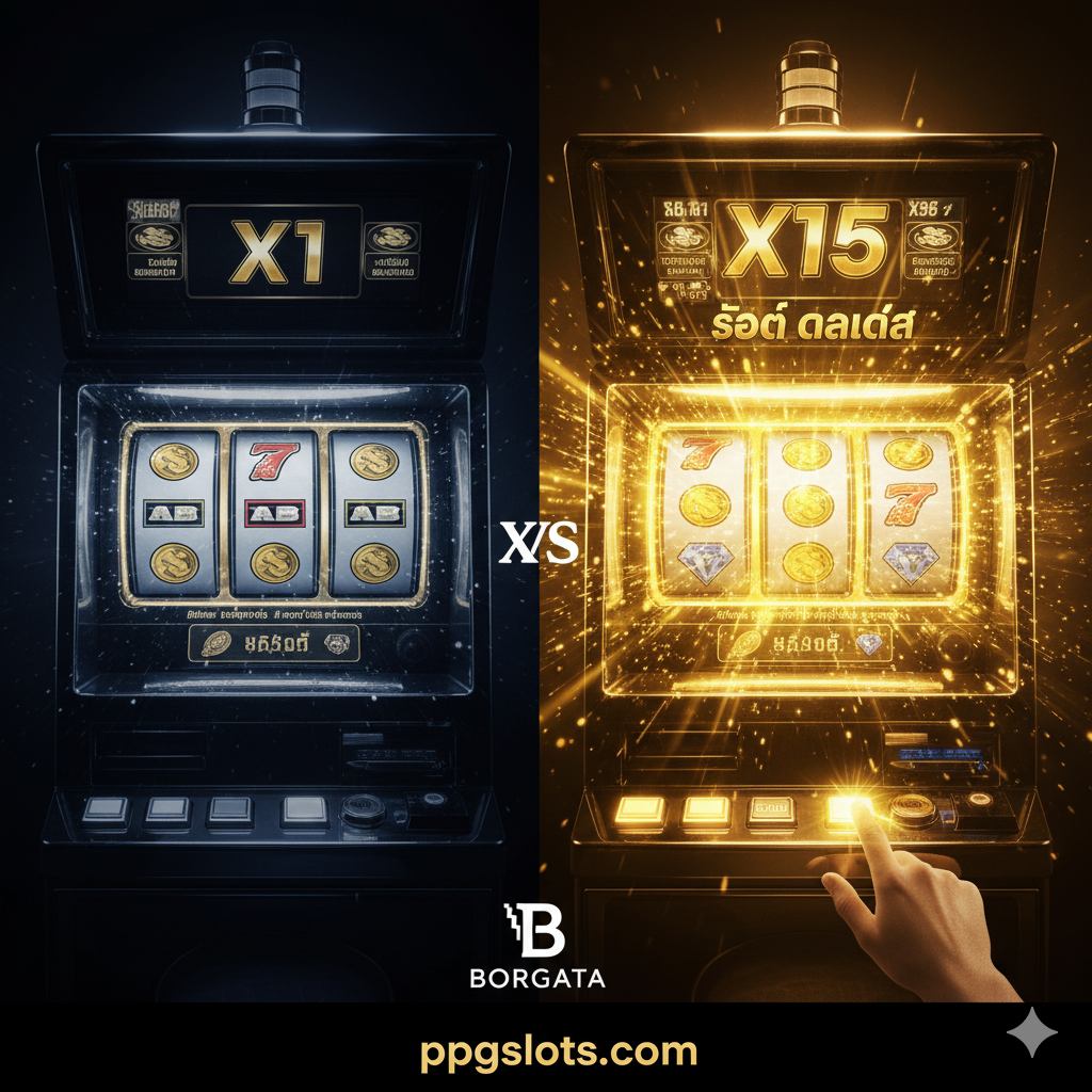 ภาพแสดงความแตกต่างระหว่างการเล่นทั่วไปกับการใช้ตัวคูณ 15X แสดงเครื่องสล็อตสองเครื่อง: เครื่องแรกเป็นเครื่องสล็อตธรรมดา (ภาพมืดมนกว่า) และเครื่องที่สองเป็นเครื่องสล็อตที่มีเอฟเฟกต์แสงสีทองสว่างไสวเป็นพิเศษ มีสัญลักษณ์ 'X1' อยู่บนเครื่องแรก และ 'X15' อยู่บนเครื่องที่สอง ภาพเน้นมือที่กำลังกดปุ่ม 'Spin' บนเครื่อง X15 ที่มีแสงสว่างจ้า แสดงถึงโอกาสทองและความได้เปรียบที่เพิ่มขึ้นอย่างมากเมื่อใช้โปรโมชั่นนี้ (Multiplier Day) ใช้มุมมองที่น่าตื่นเต้นและมีพลัง
