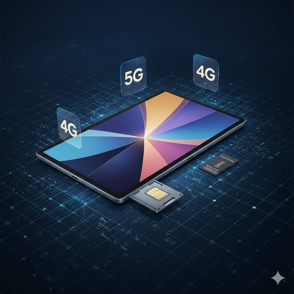 ภาพหน้าปกแบบไดนามิกและพรีเมียม เน้นสีน้ำเงินและทองที่สื่อถึงเทคโนโลยีและอนาคต มีแท็บเล็ต Huawei MatePad Pro 13.2 นิ้ว (รุ่นเรือธง 5G) วางเด่นเป็นศูนย์กลาง โดยมีไอคอน 5G และ 4G ลอยอยู่รอบๆ ด้านข้างแท็บเล็ตมีภาพจำลองของถาดใส่ซิม (SIM Card Tray) ที่ถูกดึงออกมาเล็กน้อยพร้อมซิมการ์ด Nano-SIM วางอยู่ข้างๆ พื้นหลังเป็นลวดลายเรขาคณิตของเครือข่ายดิจิทัลที่ส่องแสงระยิบระยับ สไตล์ภาพเน้นความเร็ว ความทันสมัย และ 'อิสระในการเชื่อมต่อ' (Freedom of Connection) เพื่อดึงดูดผู้ใช้งานระดับไฮเอนด์และผู้ที่มองหาเทคโนโลยี 5G