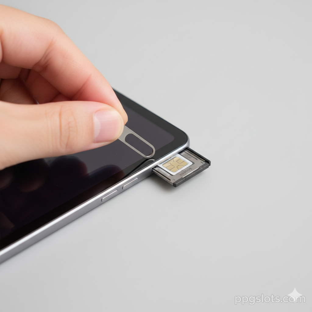 ภาพสำหรับส่วน 'คู่มือการใช้งาน' แสดงขั้นตอนการใส่ซิมการ์ดอย่างชัดเจน โดยใช้มุมกล้องแบบโคลสอัพ (Close-up) ที่มือข้างหนึ่งกำลังใช้เข็มจิ้มซิม (SIM Ejector Tool) เพื่อดึงถาดใส่ซิมออกมาจากขอบด้านข้างของแท็บเล็ต Huawei รุ่นหนึ่ง (เช่น MatePad 11.5) ในถาดใส่ซิมมีซิมการ์ด Nano-SIM วางอยู่แล้วอย่างถูกต้อง เน้นพื้นผิวโลหะของแท็บเล็ตและความแม่นยำของกระบวนการ ภาพรวมเน้นความสะอาด เรียบง่าย และให้ความรู้สึก 'ทำตามได้ง่าย' พื้นหลังสีขาวหรือสีเทาอ่อนเพื่อเน้นขั้นตอนสำคัญนี้